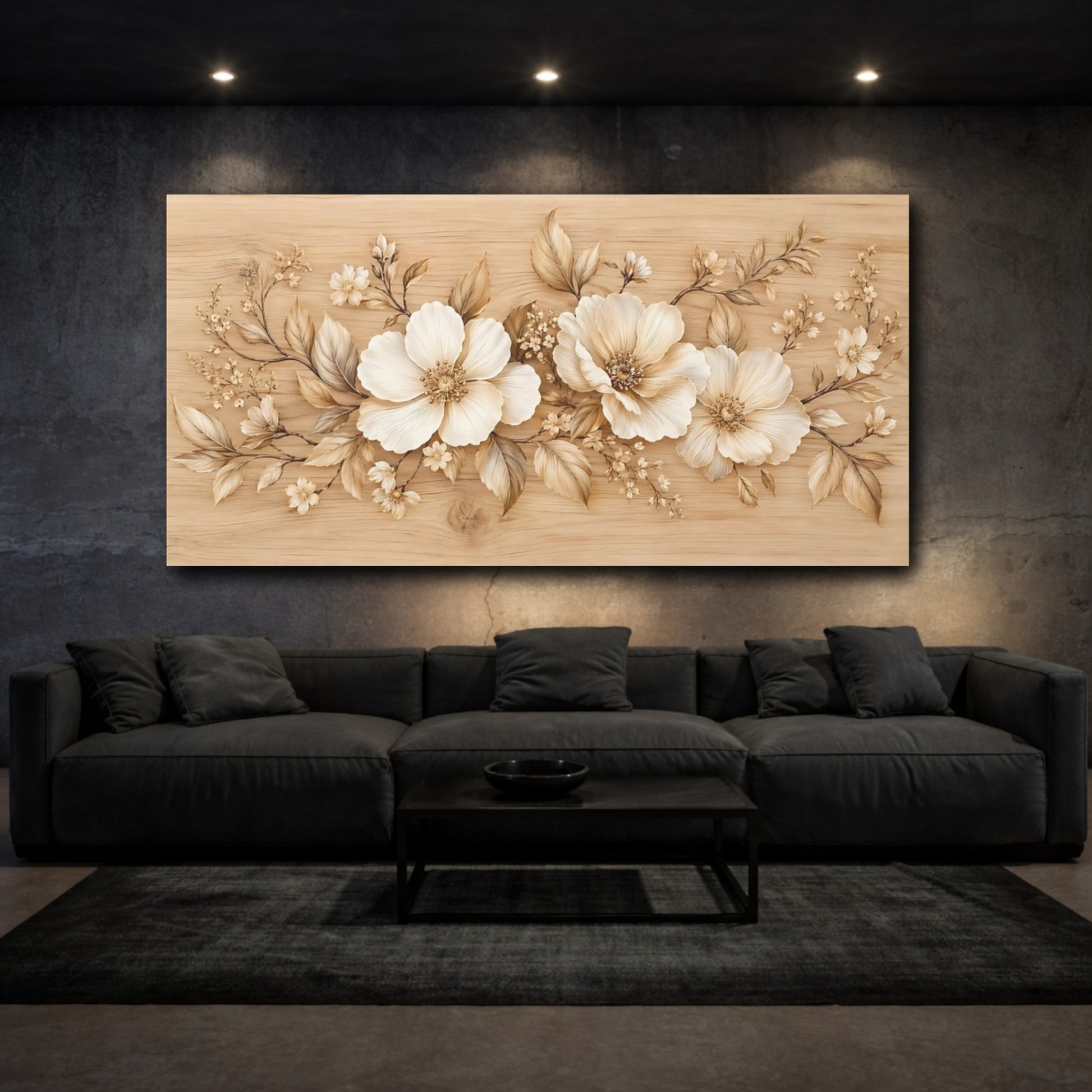 Mockup 2. Floral Blossoms Beige Floral shown as stretched canvas wall art
