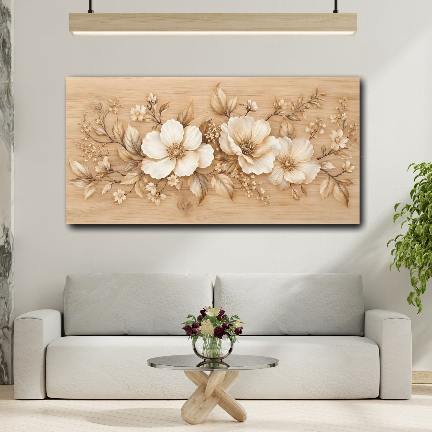 Mockup 3. Floral Blossoms Beige Floral shown as stretched canvas wall art
