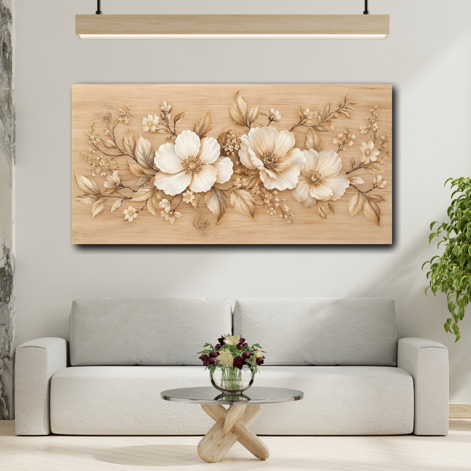 Mockup 3. Floral Blossoms Beige Floral shown as stretched canvas wall art