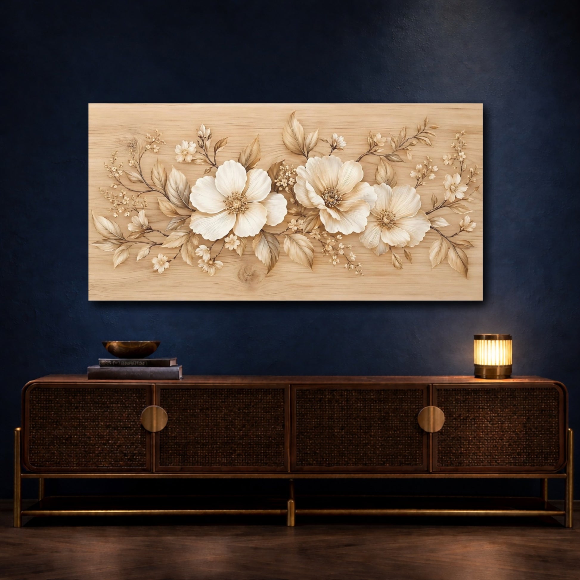 Mockup 4. Floral Blossoms Beige Floral shown as stretched canvas wall art