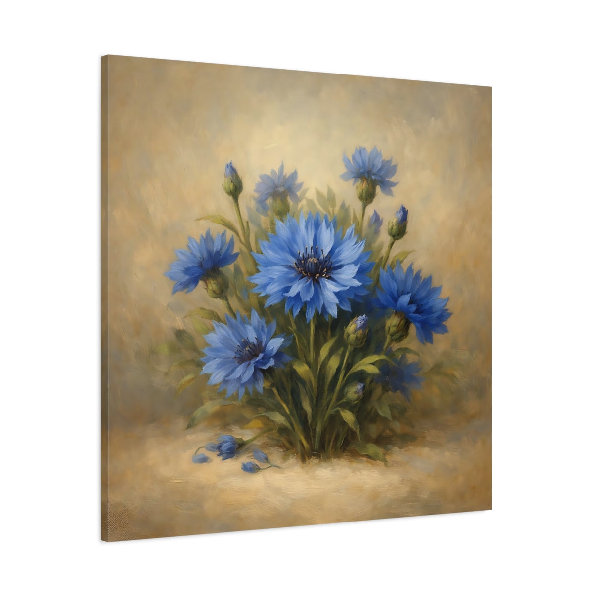 Main Mockup. Floral Blue Cornflowers Blue And Gold shown as stretched canvas wall art