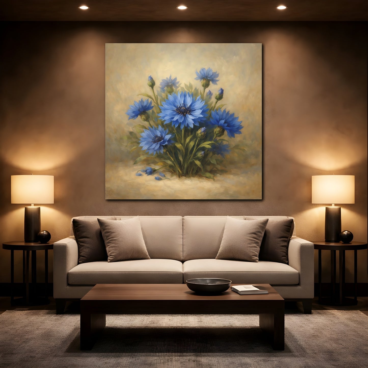 Mockup 2. Floral Blue Cornflowers Blue And Gold shown as stretched canvas wall art