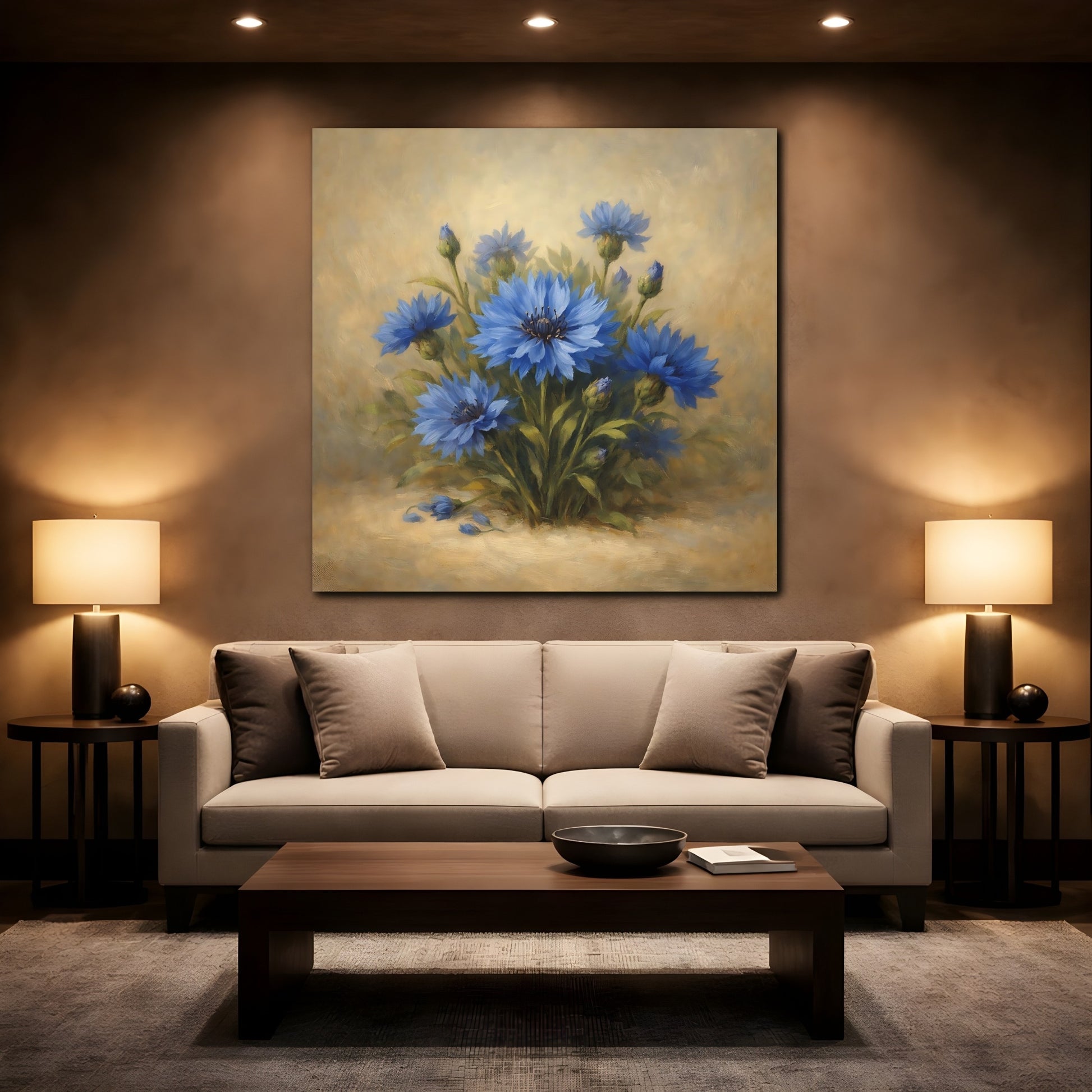 Mockup 2. Floral Blue Cornflowers Blue And Gold shown as stretched canvas wall art