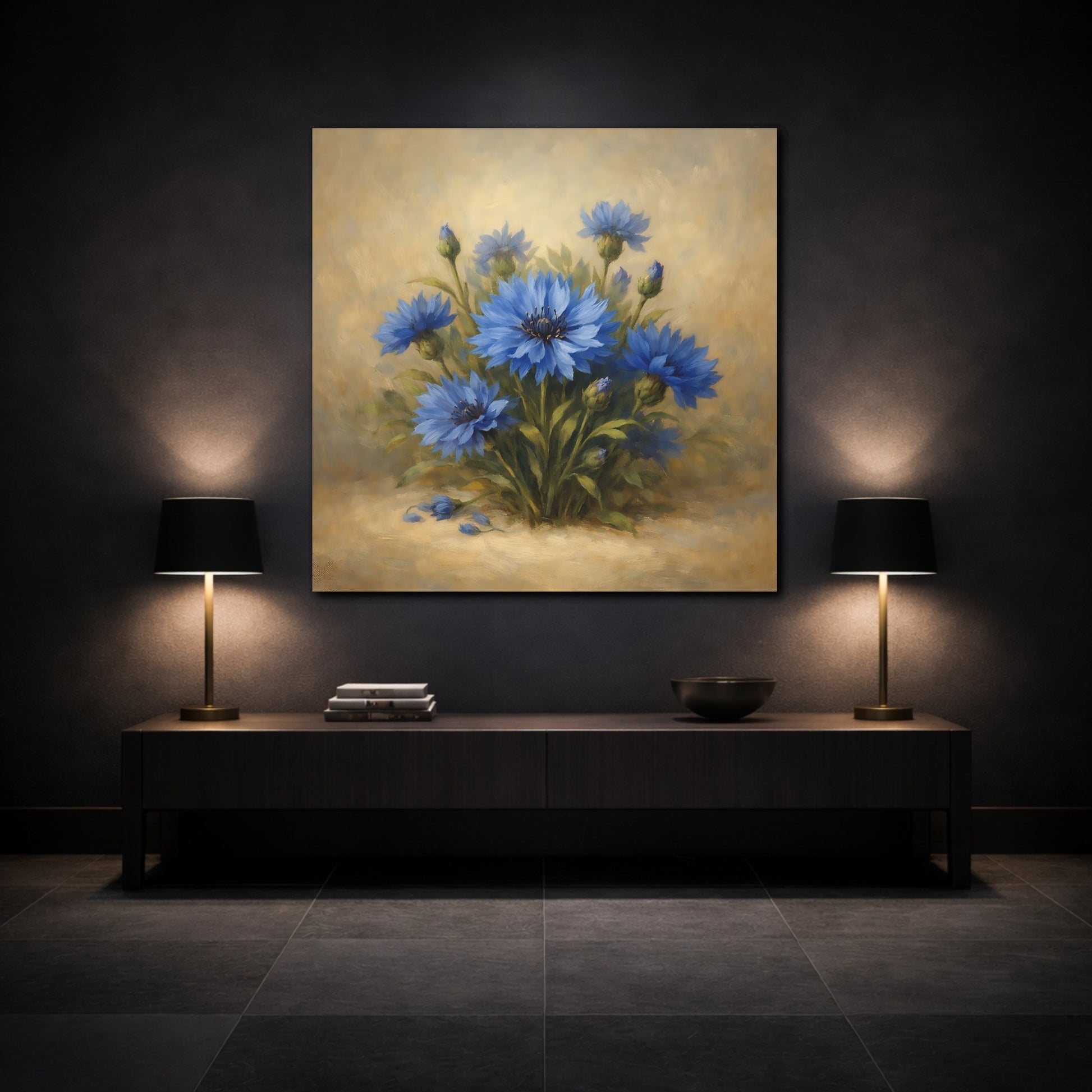 Mockup 3. Floral Blue Cornflowers Blue And Gold shown as stretched canvas wall art