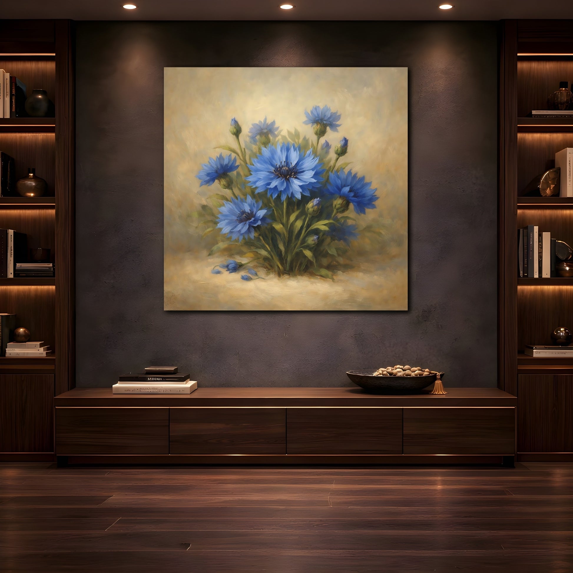 Mockup 4. Floral Blue Cornflowers Blue And Gold shown as stretched canvas wall art