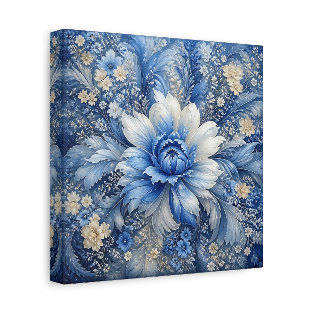 Side Mockup 9. Floral Blue Flower Blue And White shown as stretched canvas wall art