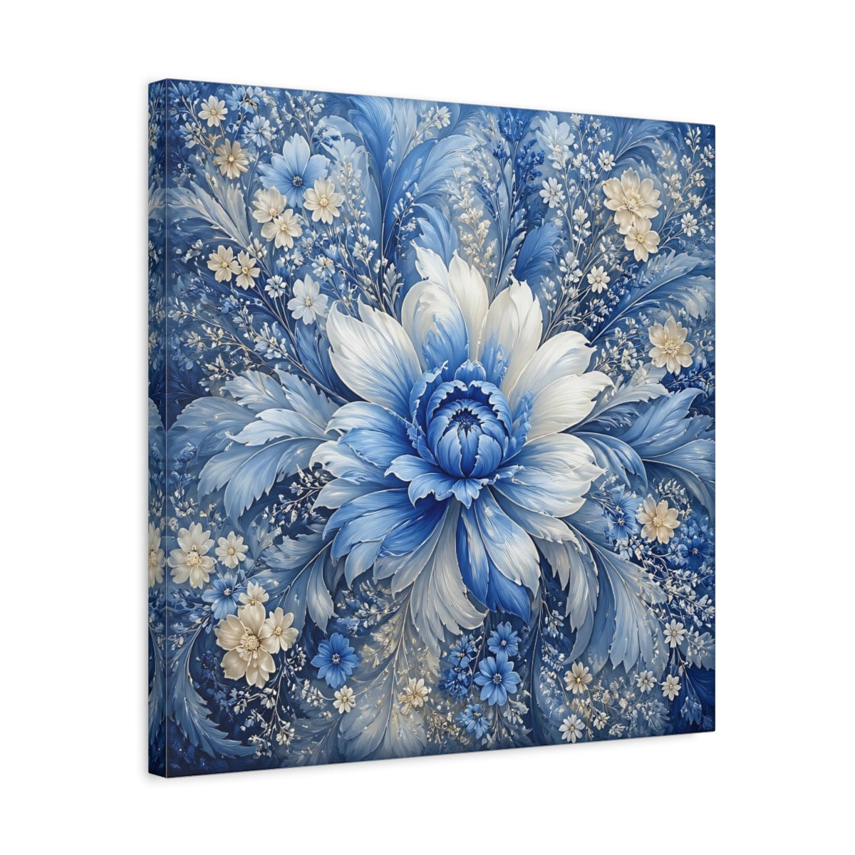 Side Mockup 5. Floral Blue Flower Blue And White shown as stretched canvas wall art