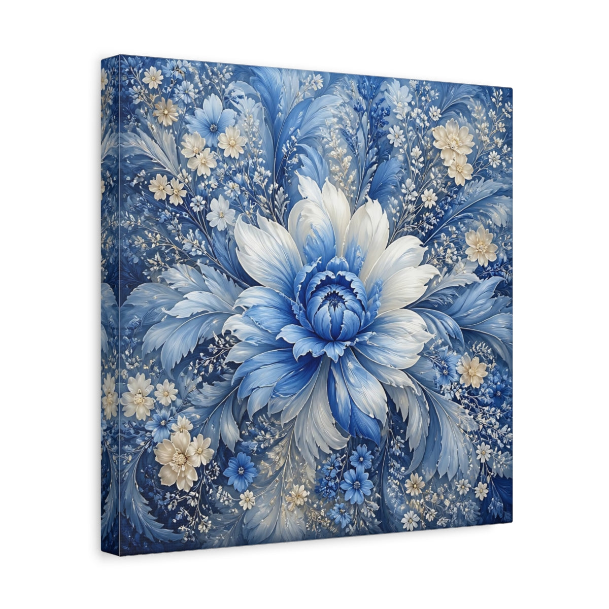 Side Mockup 7. Floral Blue Flower Blue And White shown as stretched canvas wall art
