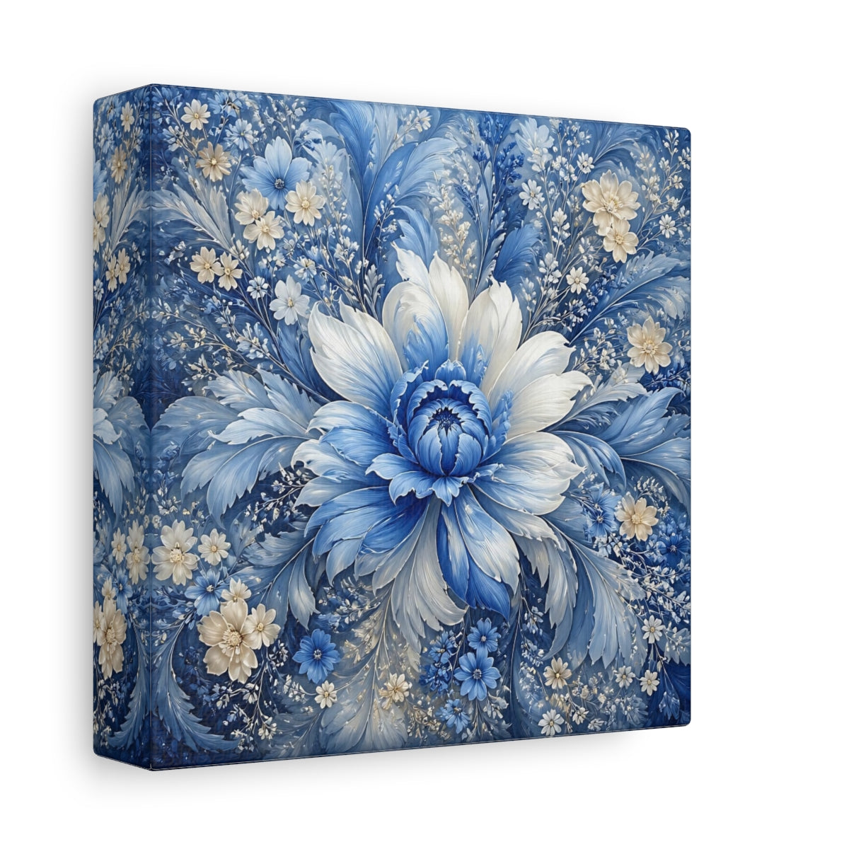 Side Mockup 2. Floral Blue Flower Blue And White shown as stretched canvas wall art