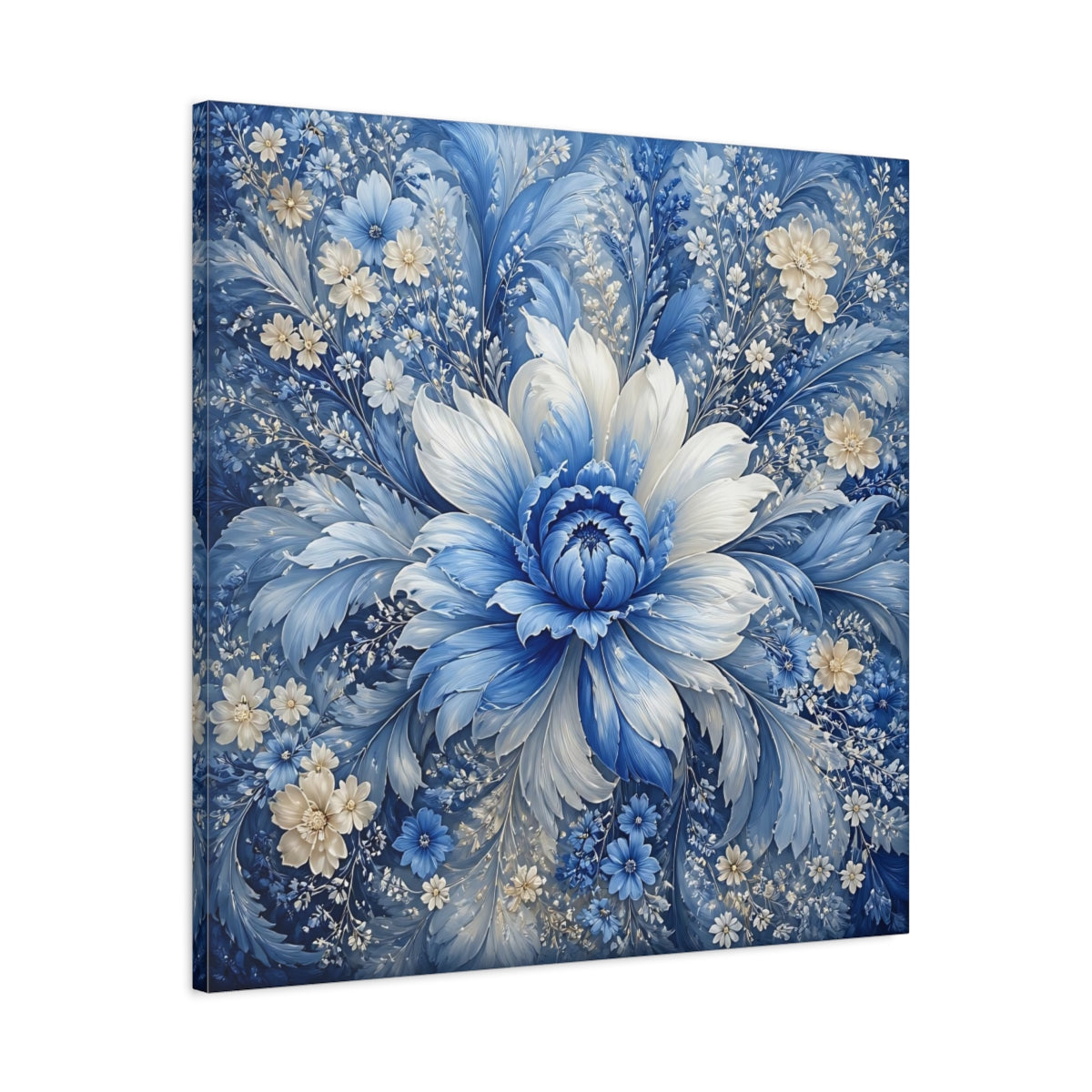 Side Mockup 3. Floral Blue Flower Blue And White shown as stretched canvas wall art