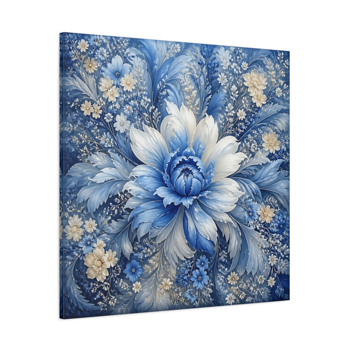 Side Mockup 1. Floral Blue Flower Blue And White shown as stretched canvas wall art