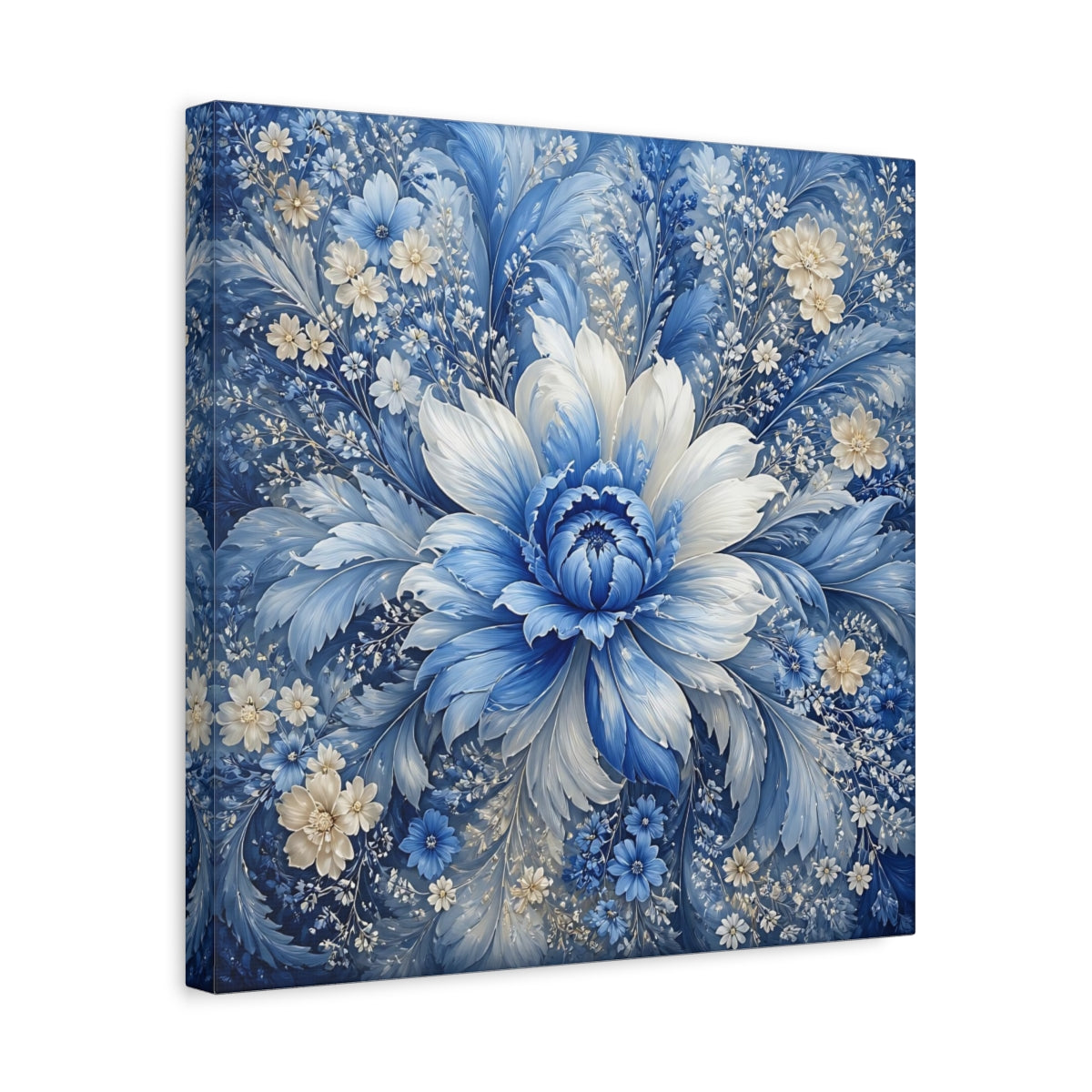 Side Mockup 6. Floral Blue Flower Blue And White shown as stretched canvas wall art
