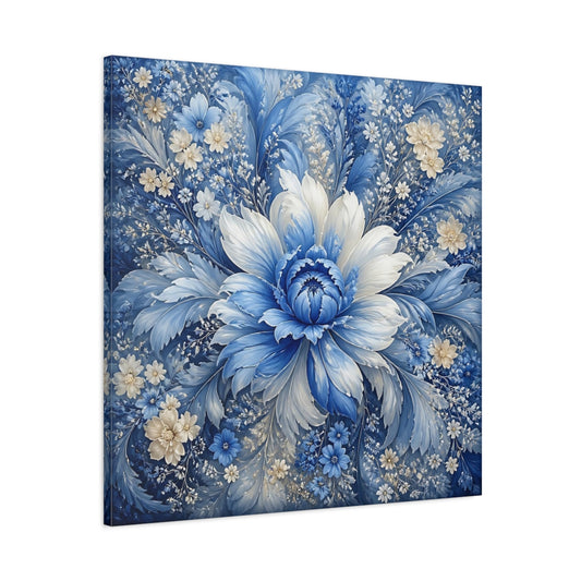 Main Mockup. Floral Blue Flower Blue And White shown as stretched canvas wall art