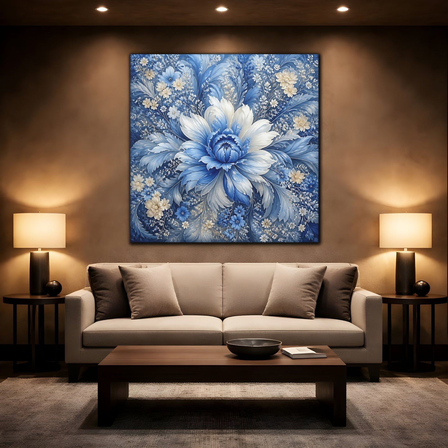 Mockup 2. Floral Blue Flower Blue And White shown as stretched canvas wall art
