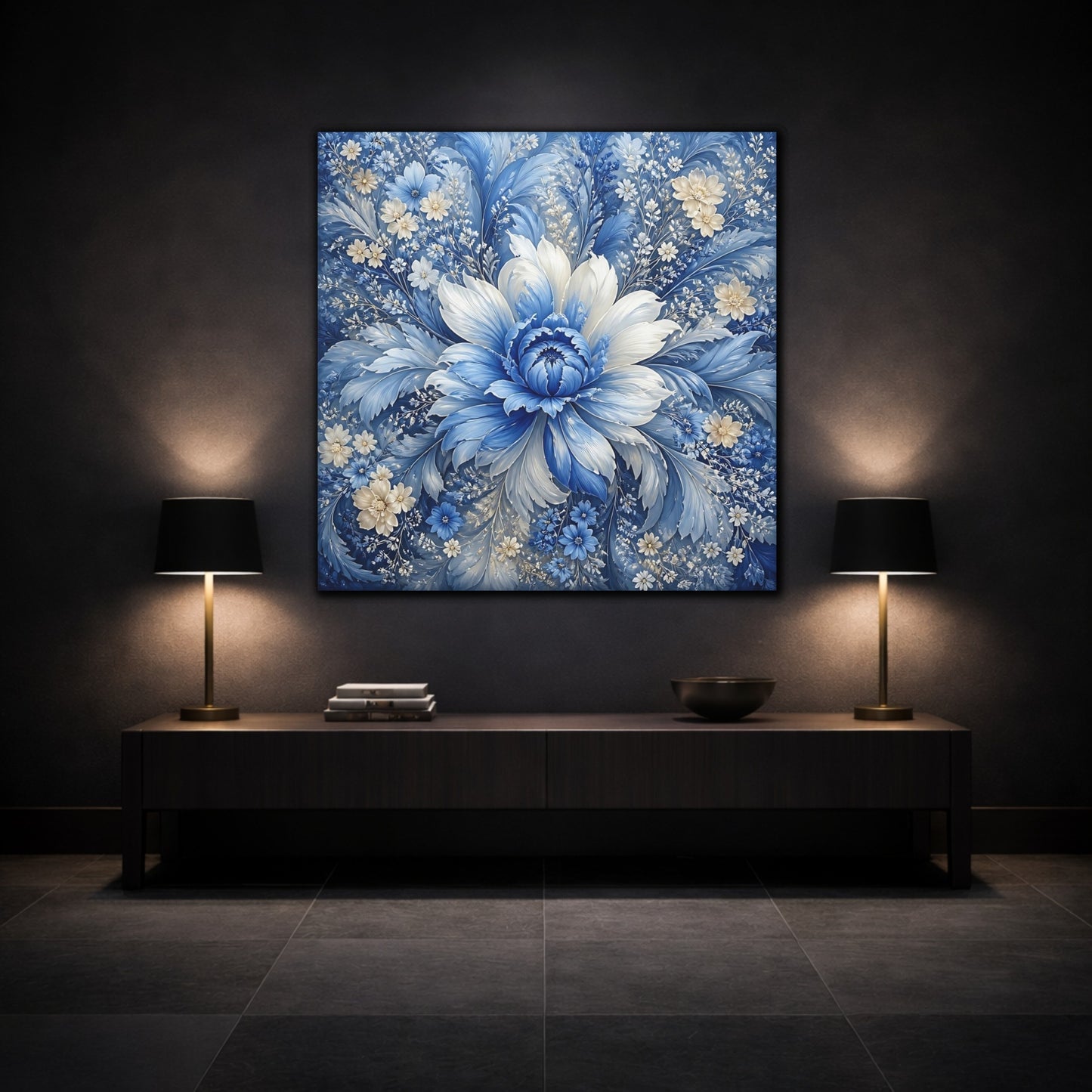 Mockup 3. Floral Blue Flower Blue And White shown as stretched canvas wall art