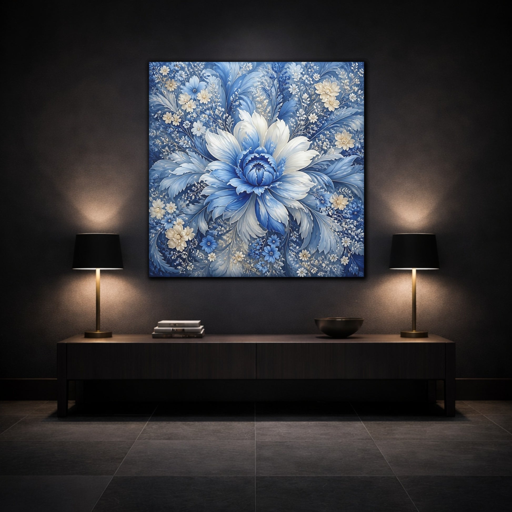 Mockup 3. Floral Blue Flower Blue And White shown as stretched canvas wall art