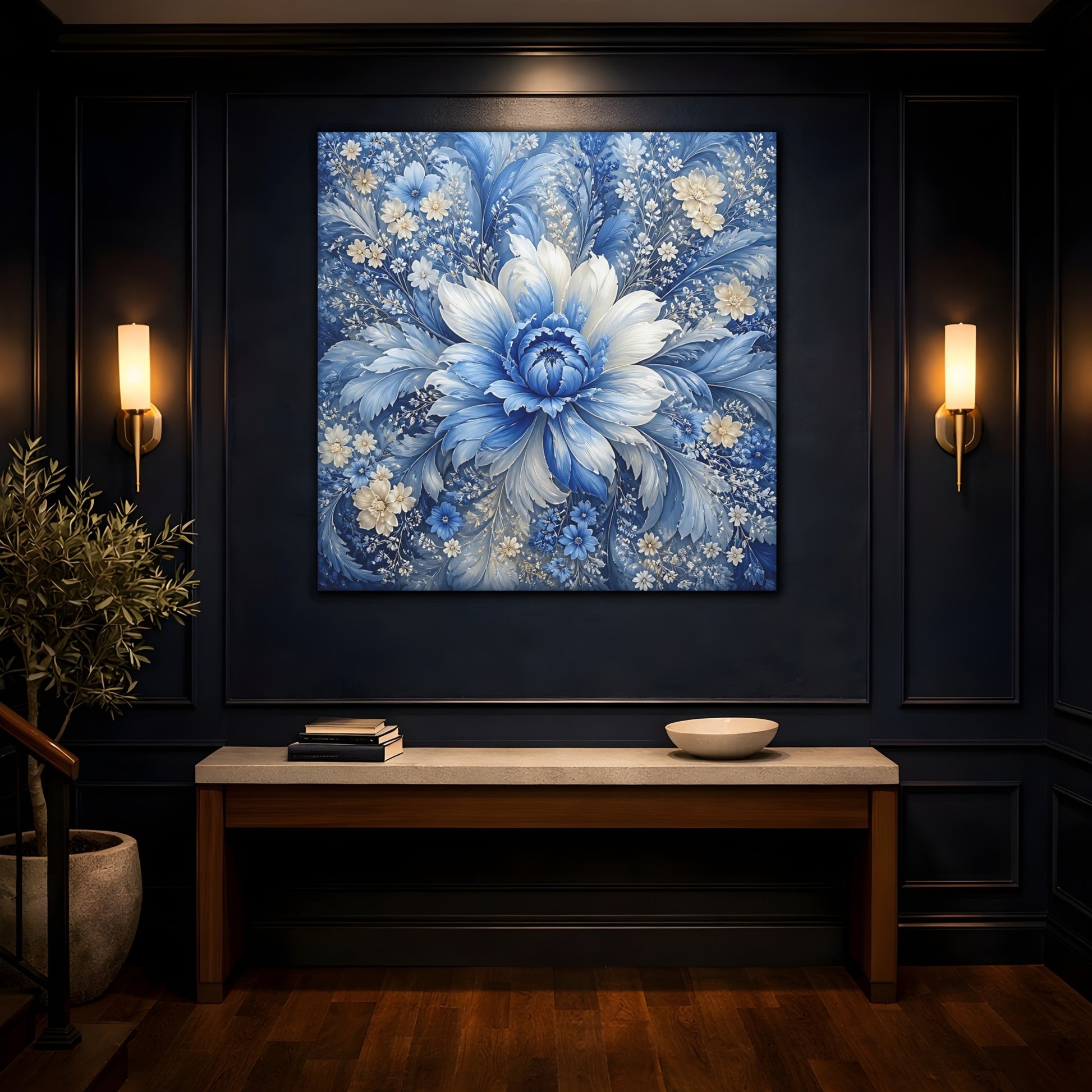 Mockup 4. Floral Blue Flower Blue And White shown as stretched canvas wall art