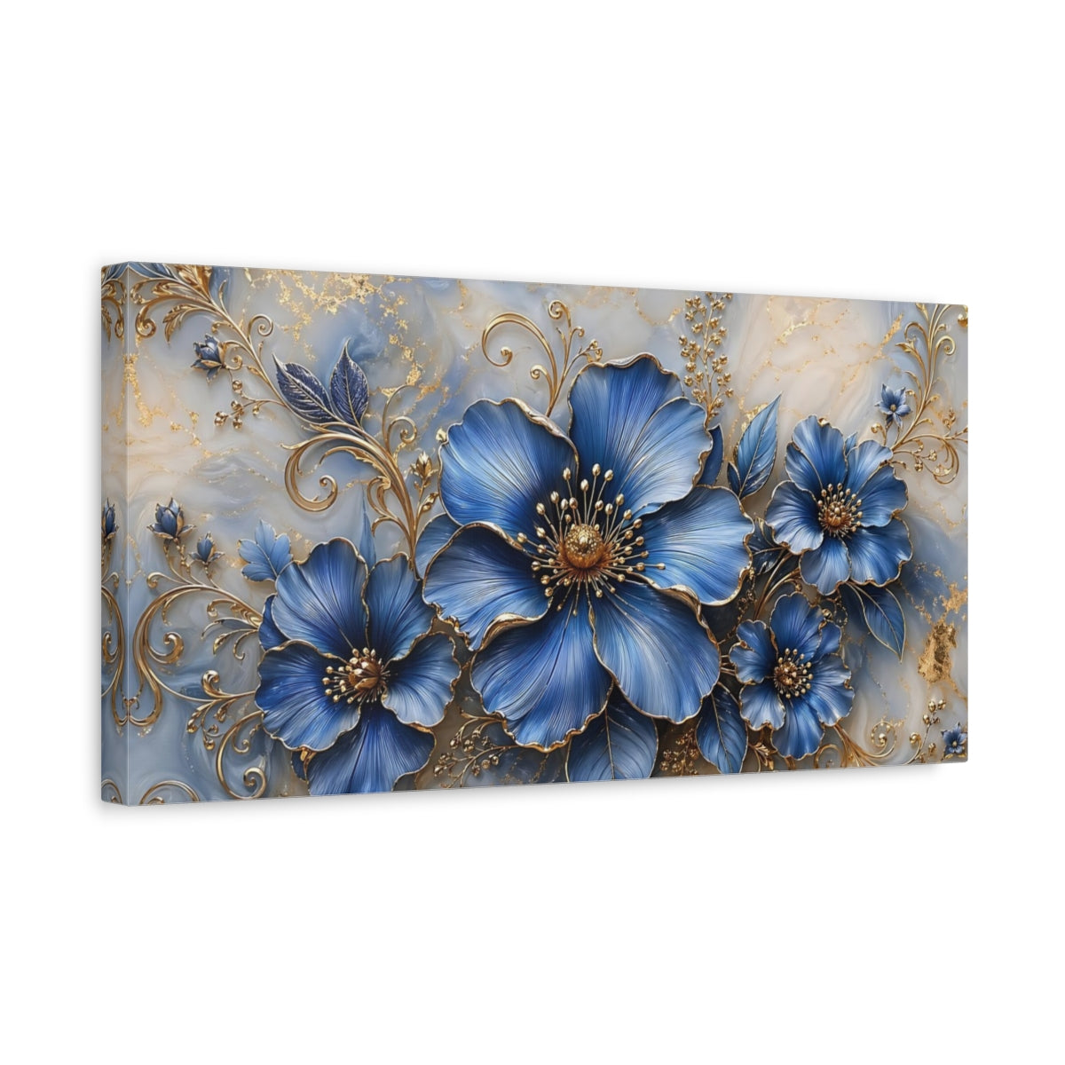 Side Mockup 3. Floral Blue Flowers Blue And Gold Floral shown as stretched canvas wall art