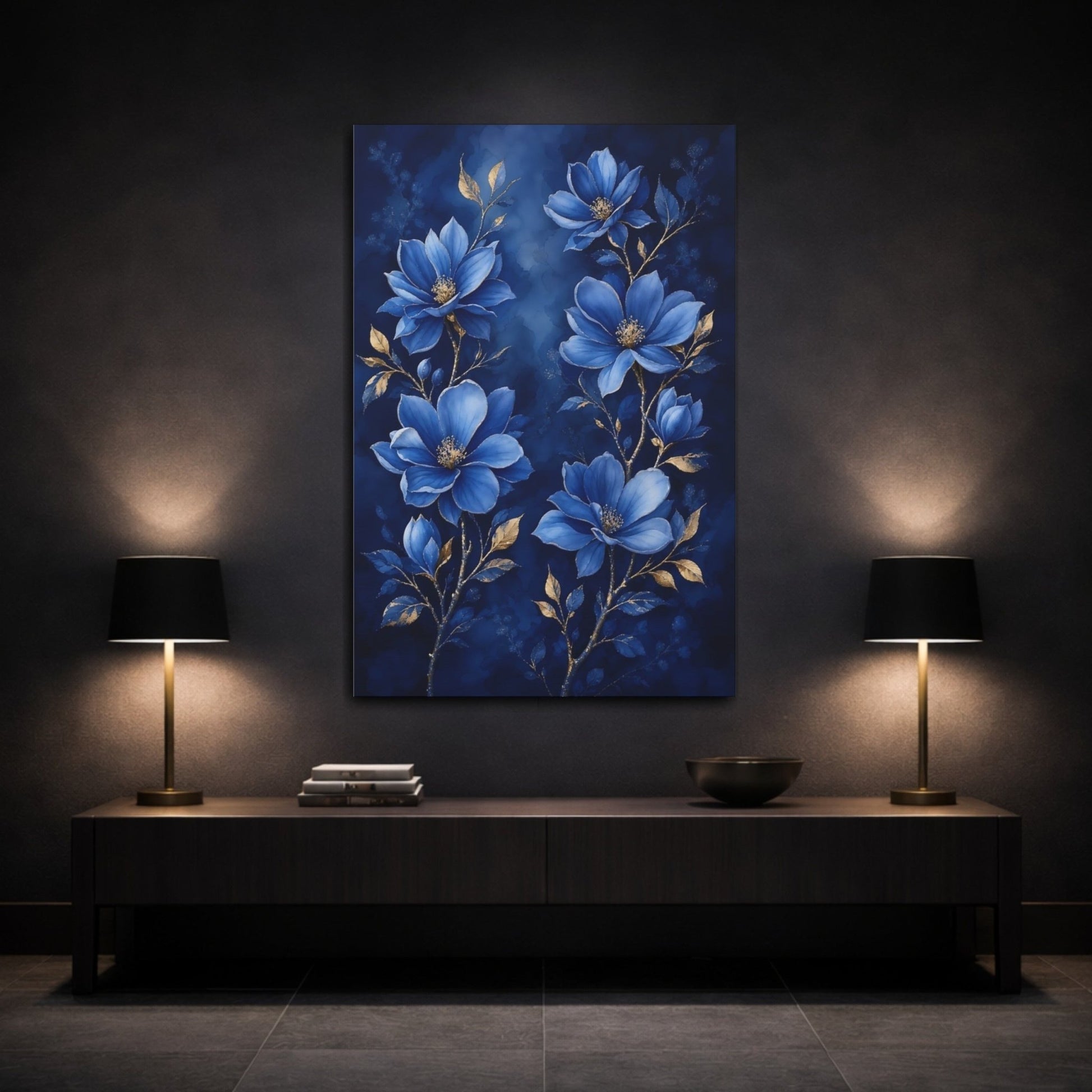 Floral Blue Flowers And Gold Canvas Print Wall Art – Living Room Decor, Above Fireplace - YesArtYes