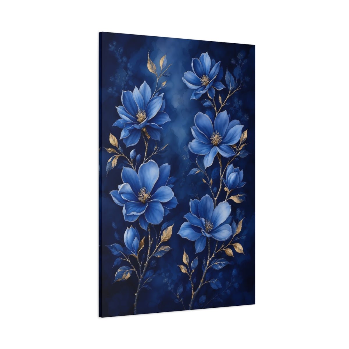 Floral Blue Flowers And Gold Canvas Print Wall Art – Living Room Decor, Above Fireplace - YesArtYes