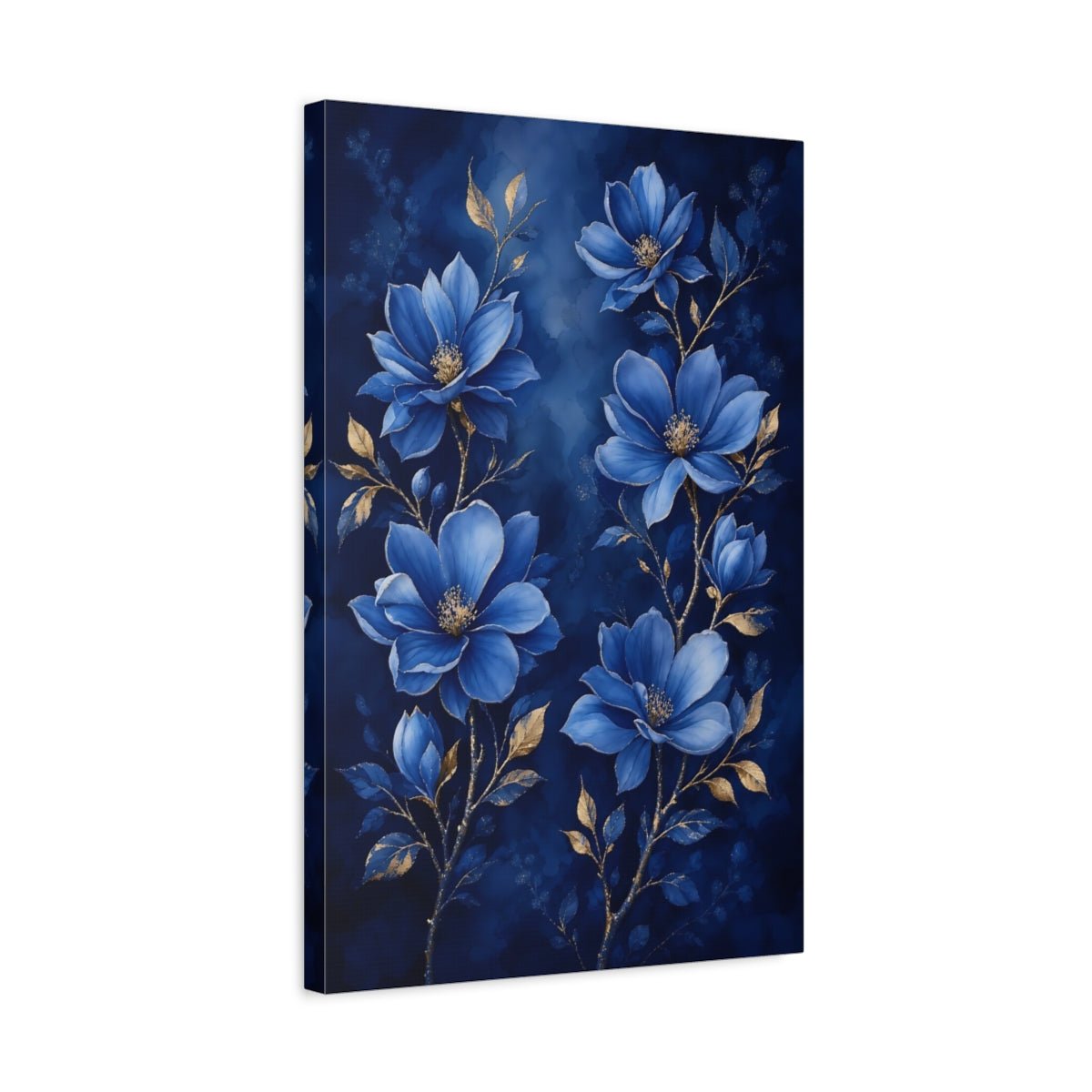 Floral Blue Flowers And Gold Canvas Print Wall Art – Living Room Decor, Above Fireplace - YesArtYes