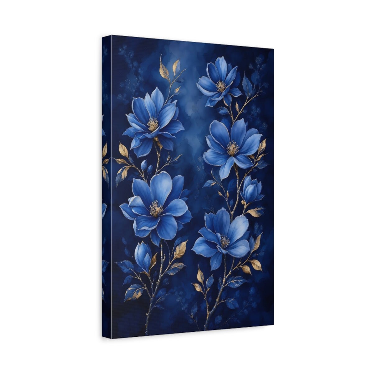 Floral Blue Flowers And Gold Canvas Print Wall Art – Living Room Decor, Above Fireplace - YesArtYes