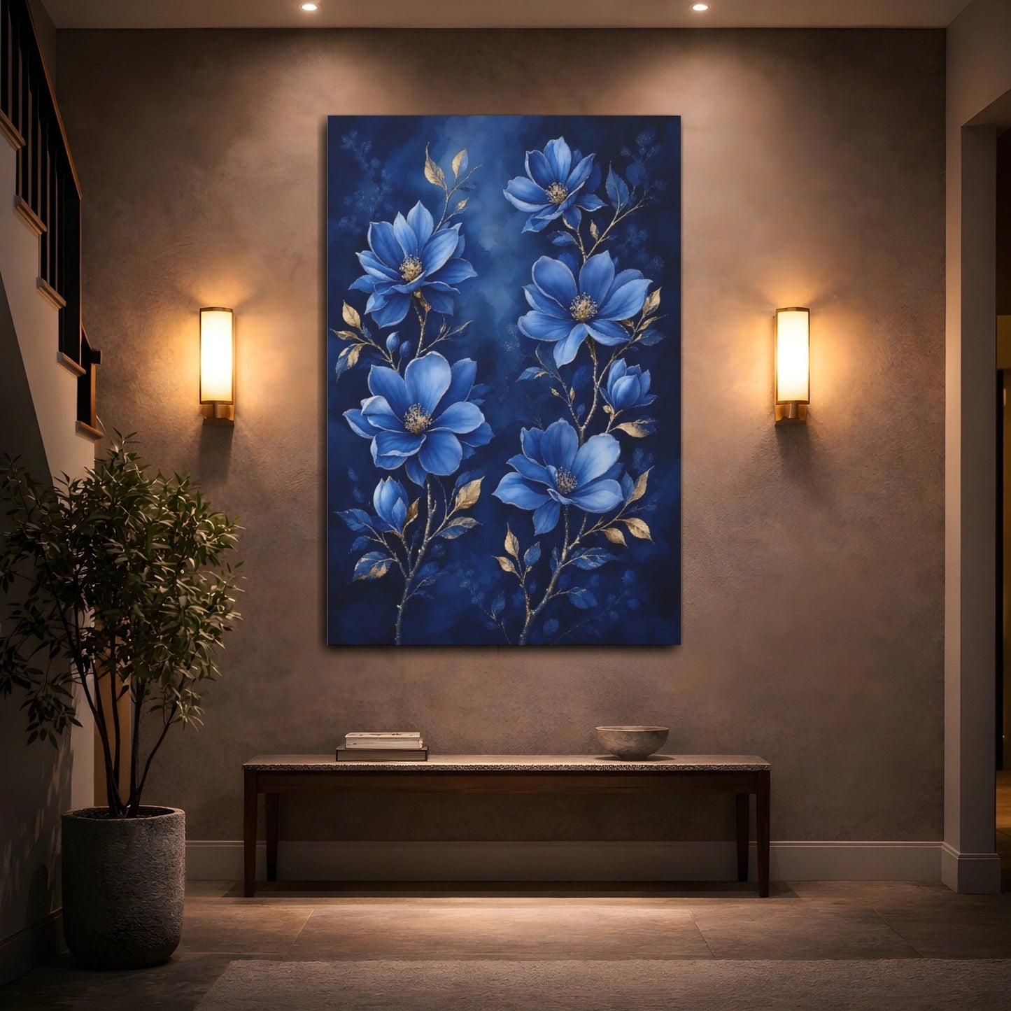 Floral Blue Flowers And Gold Canvas Print Wall Art – Living Room Decor, Above Fireplace - YesArtYes