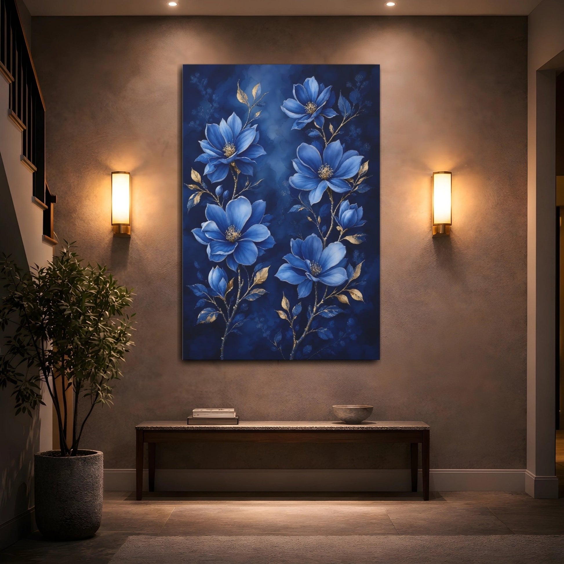 Floral Blue Flowers And Gold Canvas Print Wall Art – Living Room Decor, Above Fireplace - YesArtYes