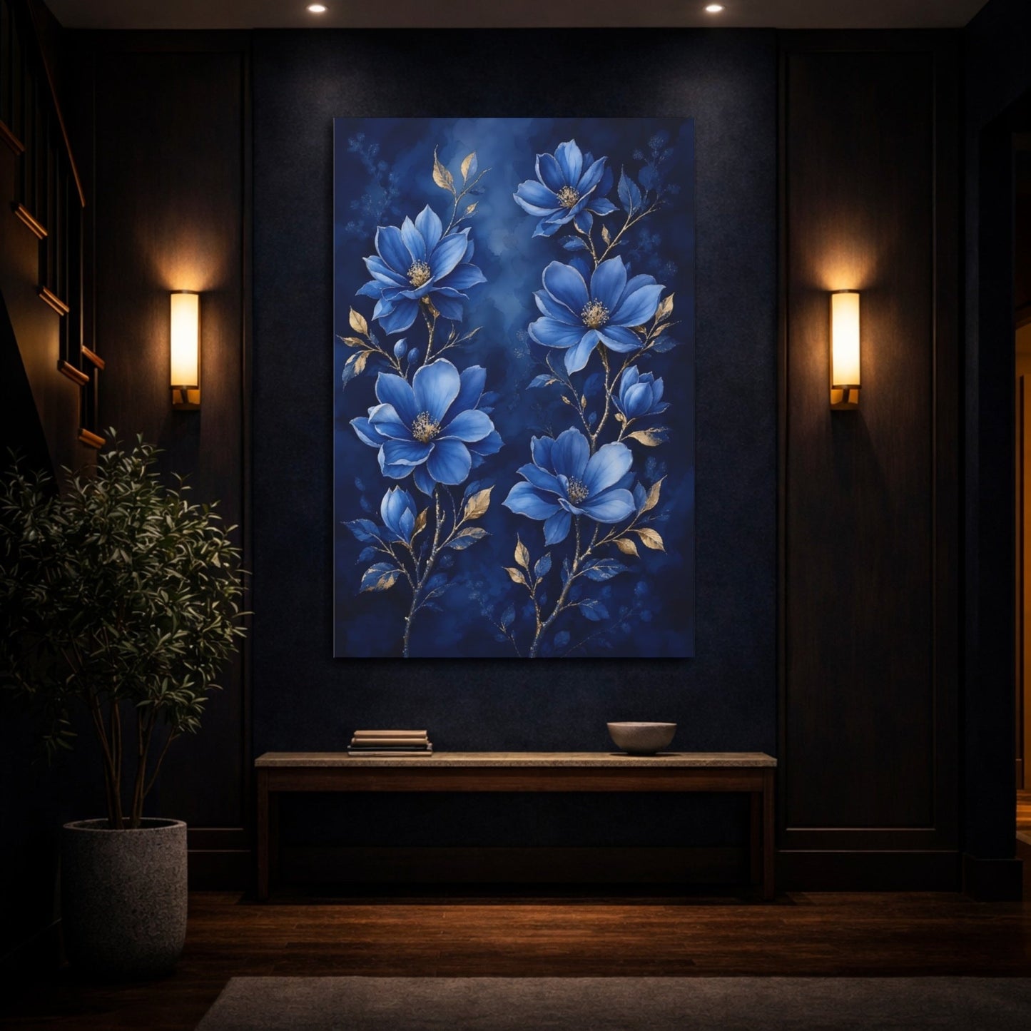 Floral Blue Flowers And Gold Canvas Print Wall Art – Living Room Decor, Above Fireplace - YesArtYes