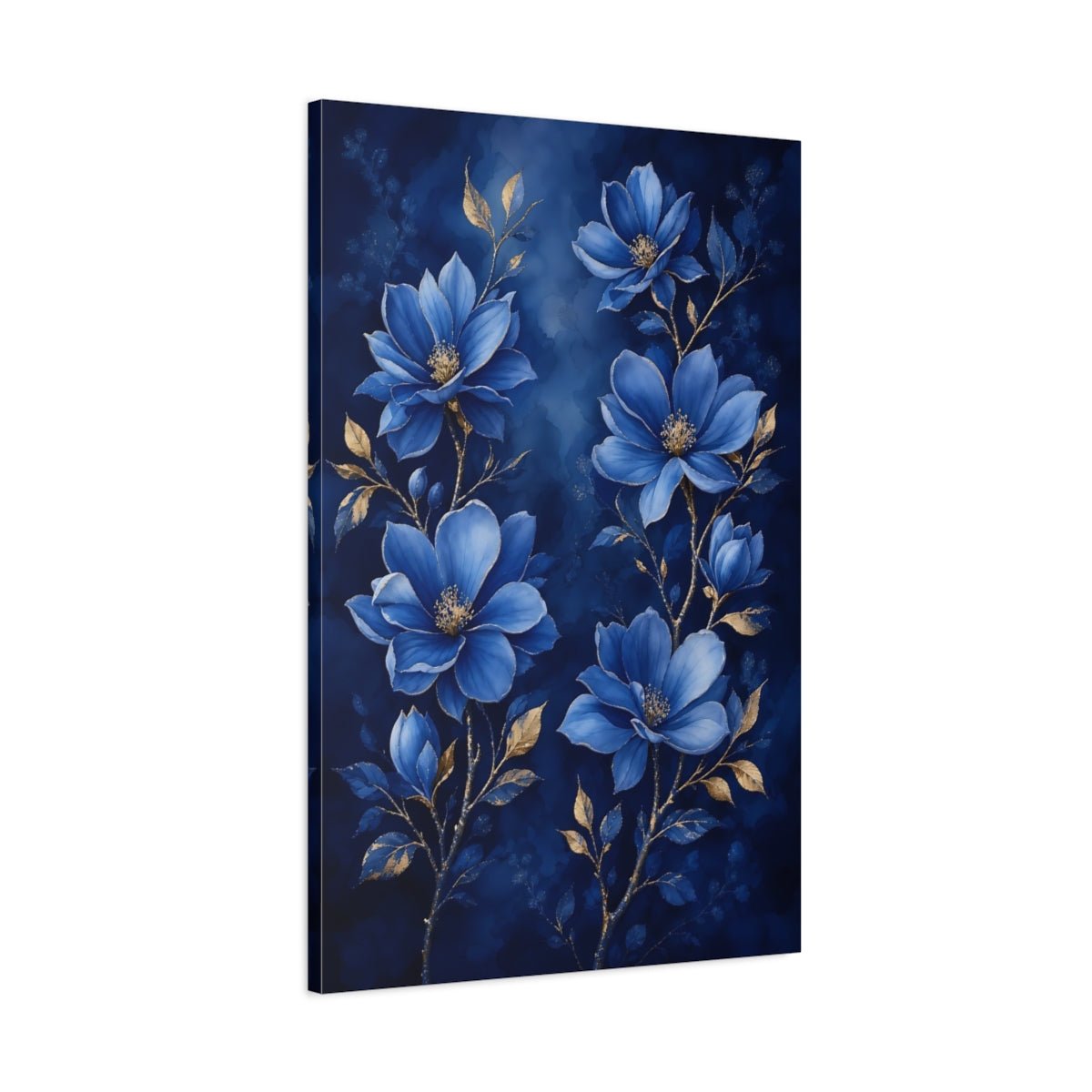 Floral Blue Flowers And Gold Canvas Print Wall Art – Living Room Decor, Above Fireplace - YesArtYes