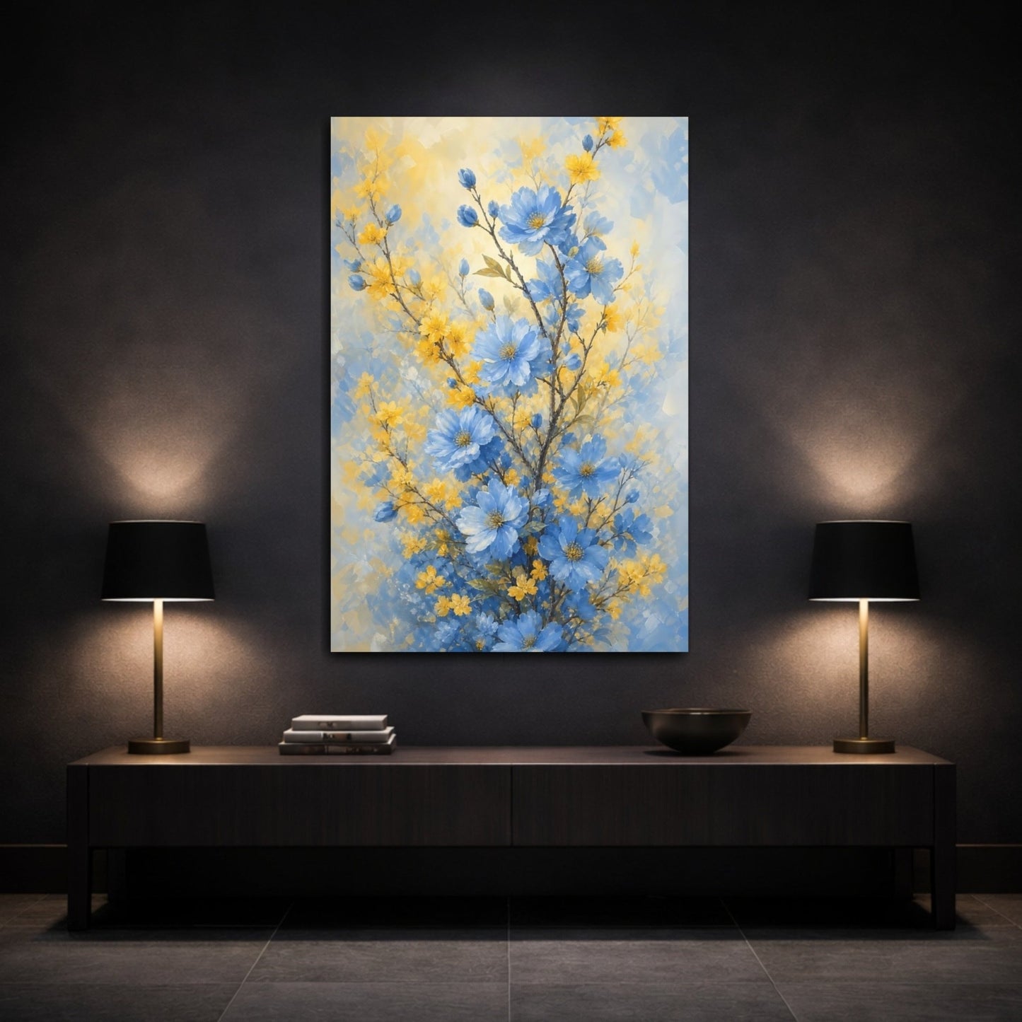 Floral Blue Flowers And Yellow Canvas Print Wall Art – Impressionistic Living Room, Above Console Table - YesArtYes