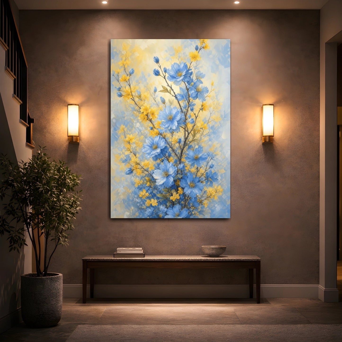 Floral Blue Flowers And Yellow Canvas Print Wall Art – Impressionistic Living Room, Above Console Table - YesArtYes