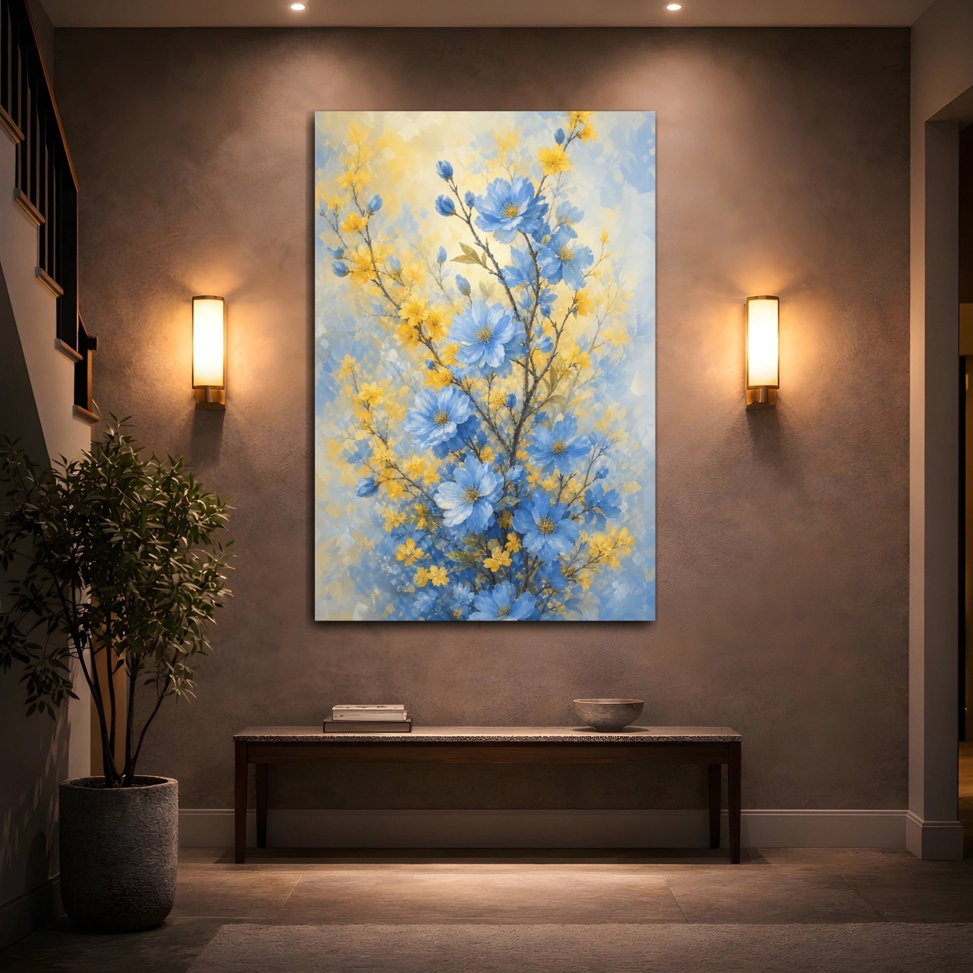 Floral Blue Flowers And Yellow Canvas Print Wall Art – Impressionistic Living Room, Above Console Table - YesArtYes