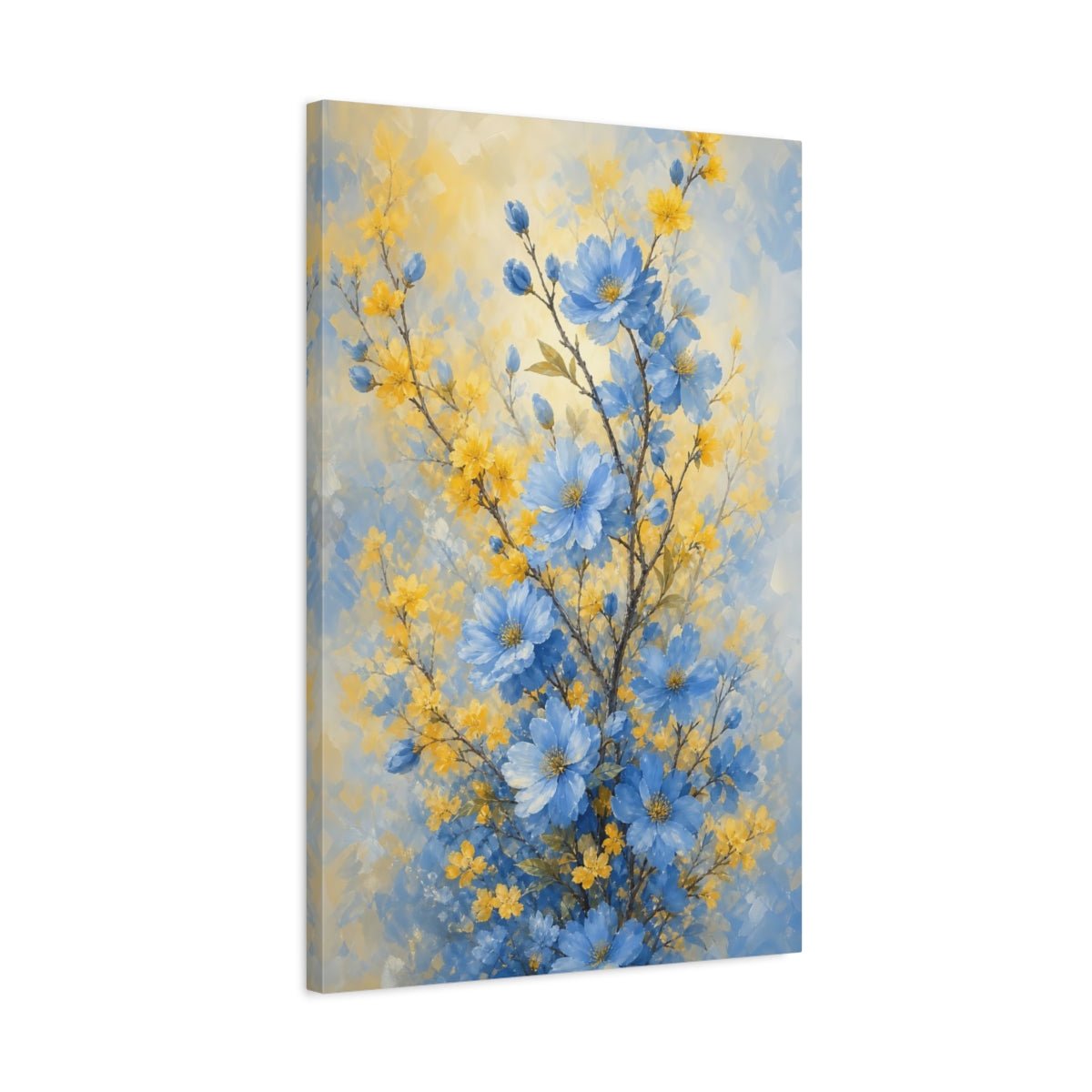 Floral Blue Flowers And Yellow Canvas Print Wall Art – Impressionistic Living Room, Above Console Table - YesArtYes