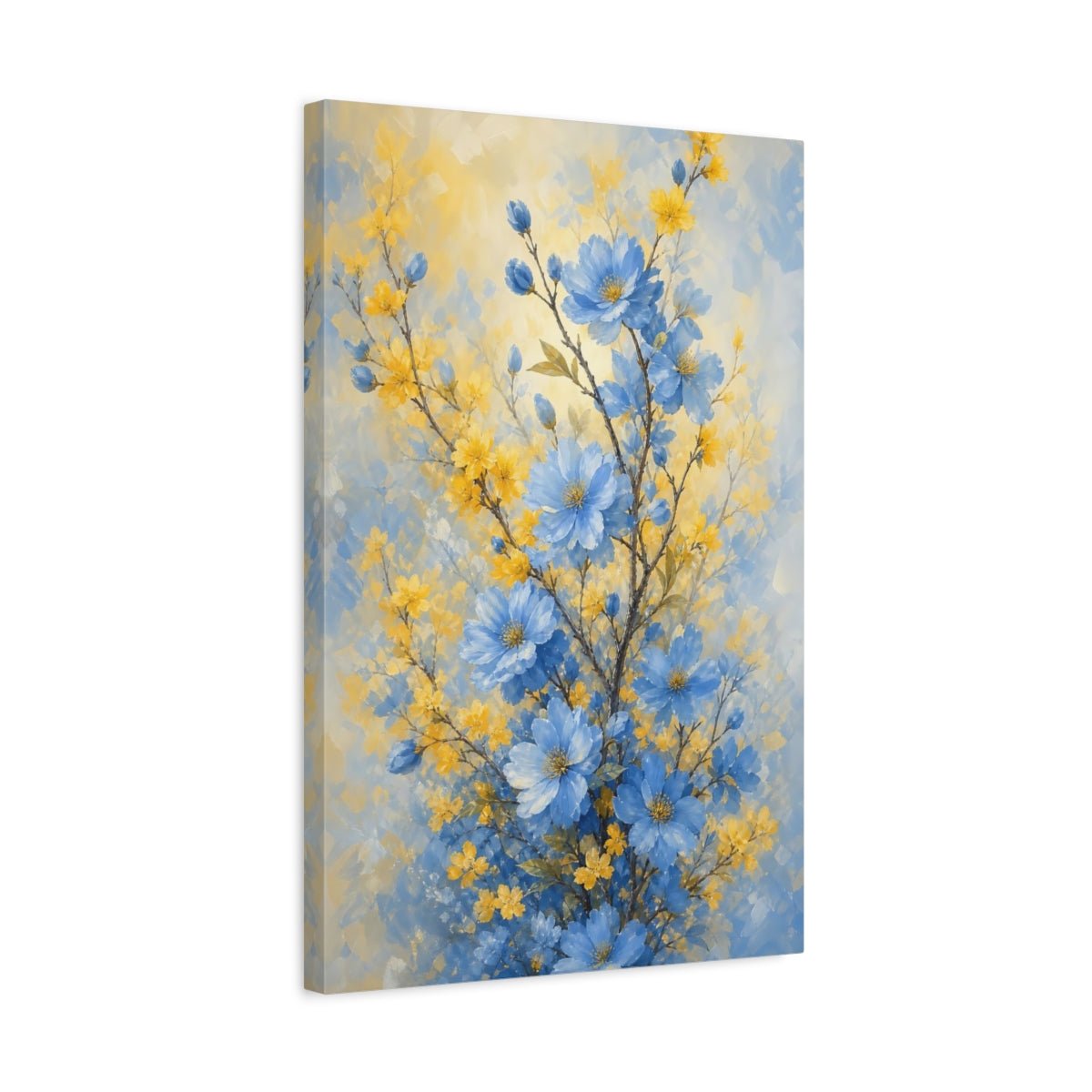 Floral Blue Flowers And Yellow Canvas Print Wall Art – Impressionistic Living Room, Above Console Table - YesArtYes