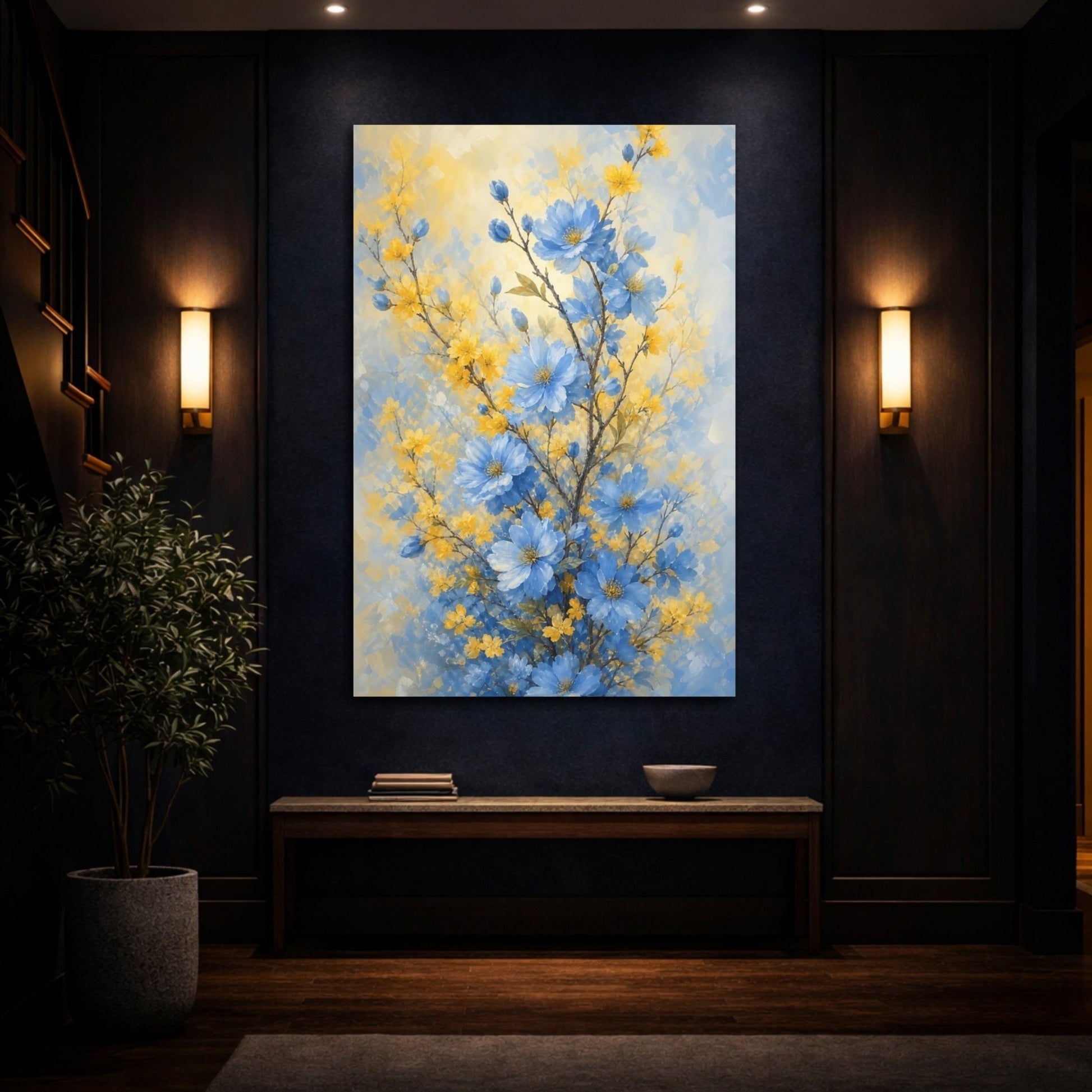Floral Blue Flowers And Yellow Canvas Print Wall Art – Impressionistic Living Room, Above Console Table - YesArtYes