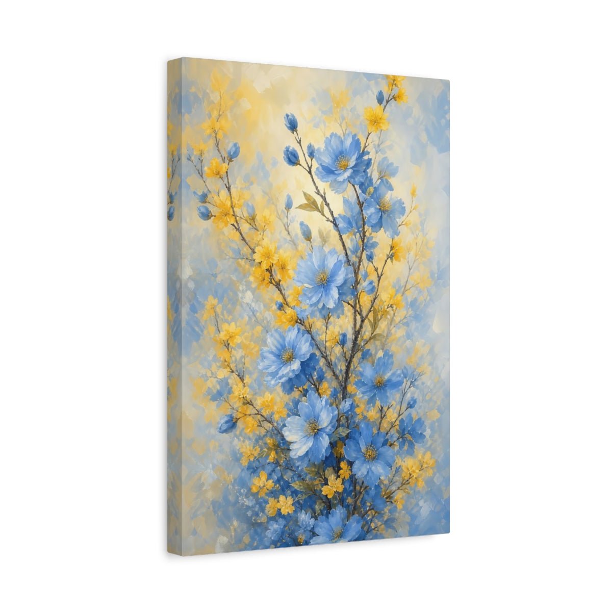 Floral Blue Flowers And Yellow Canvas Print Wall Art – Impressionistic Living Room, Above Console Table - YesArtYes