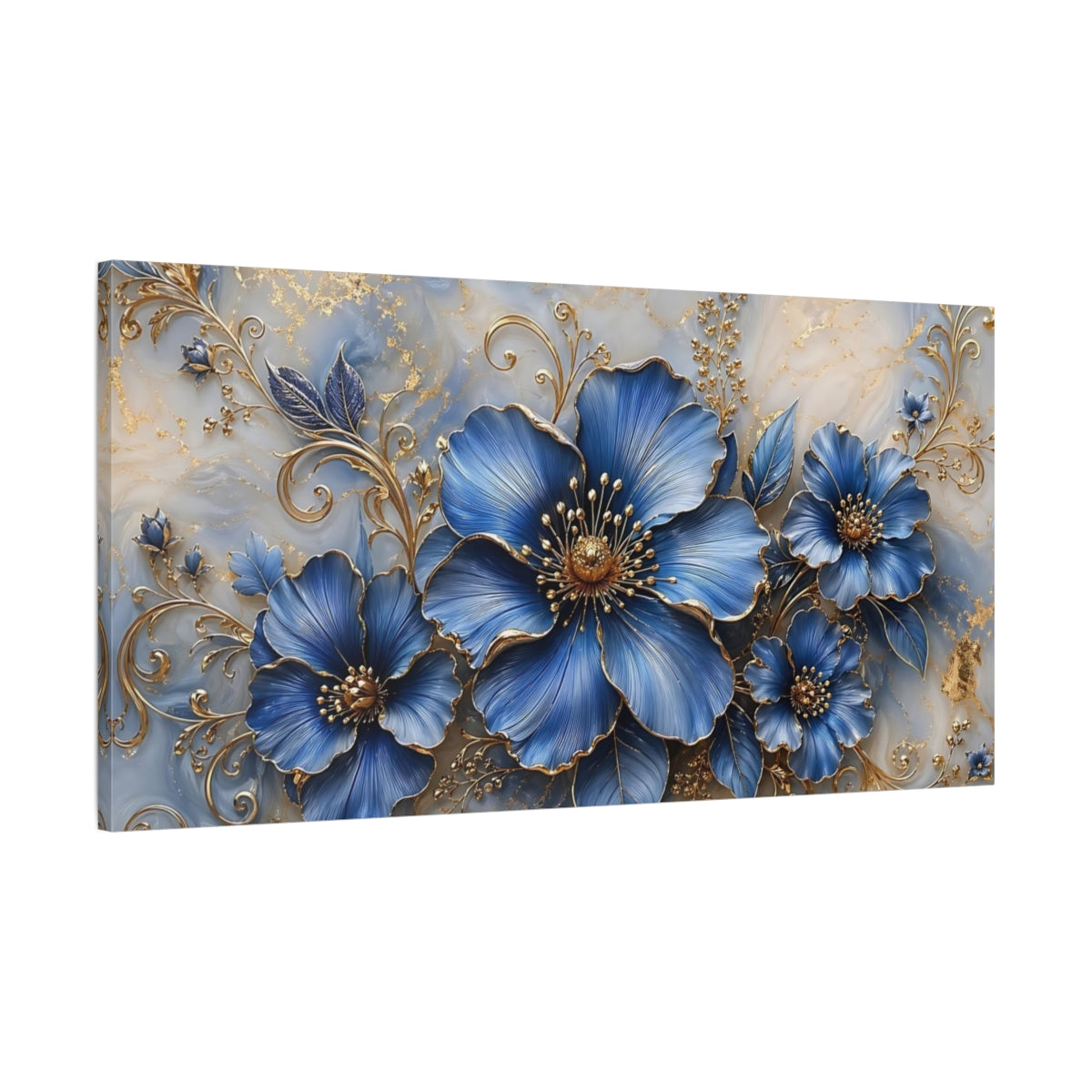 Main Mockup. Floral Blue Flowers Blue And Gold Floral shown as stretched canvas wall art