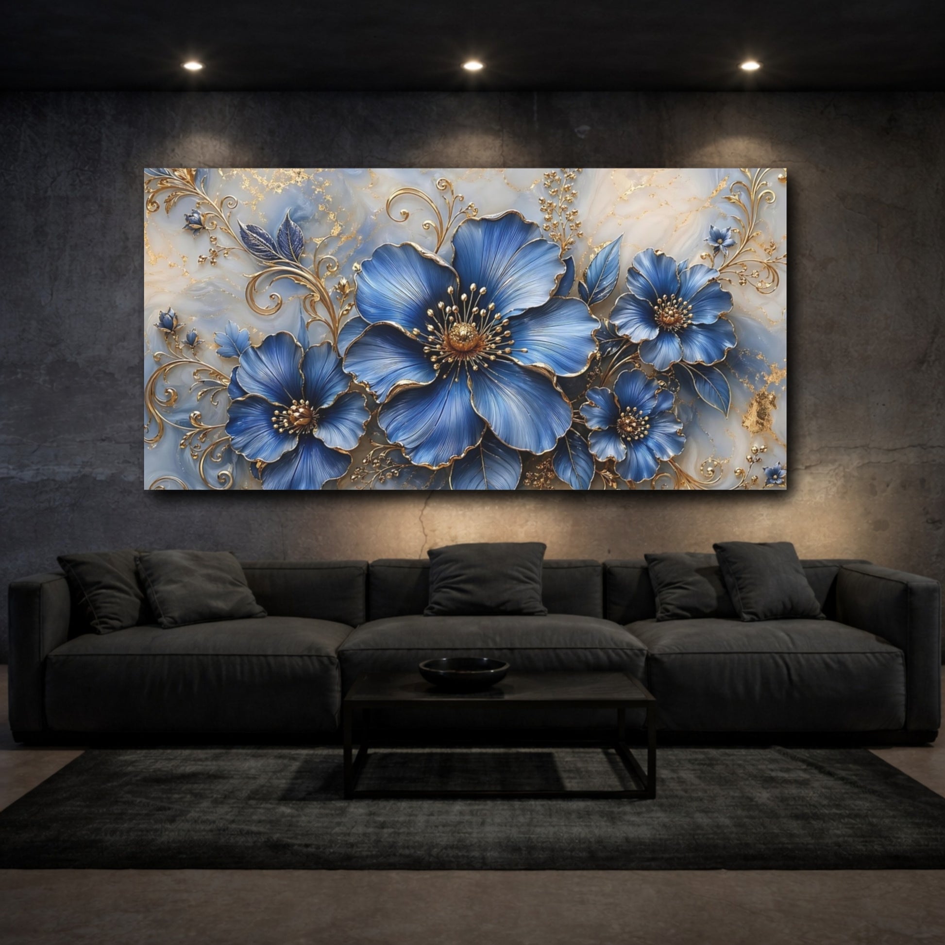 Mockup 2. Floral Blue Flowers Blue And Gold Floral shown as stretched canvas wall art