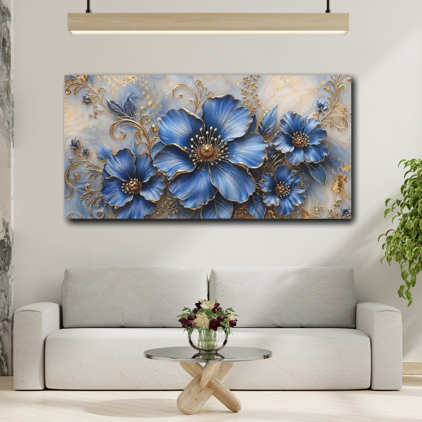 Mockup 3. Floral Blue Flowers Blue And Gold Floral shown as stretched canvas wall art