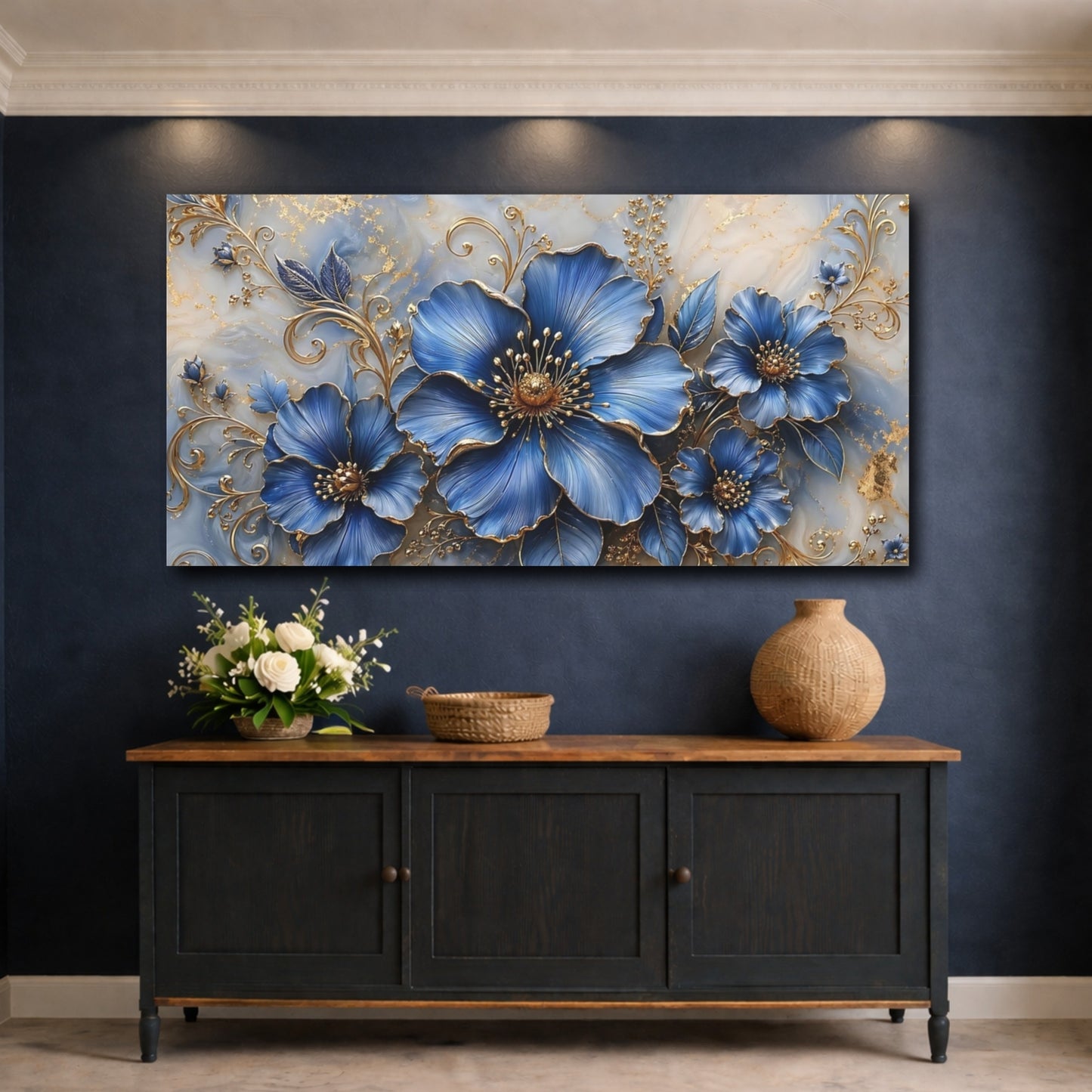 Mockup 4. Floral Blue Flowers Blue And Gold Floral shown as stretched canvas wall art