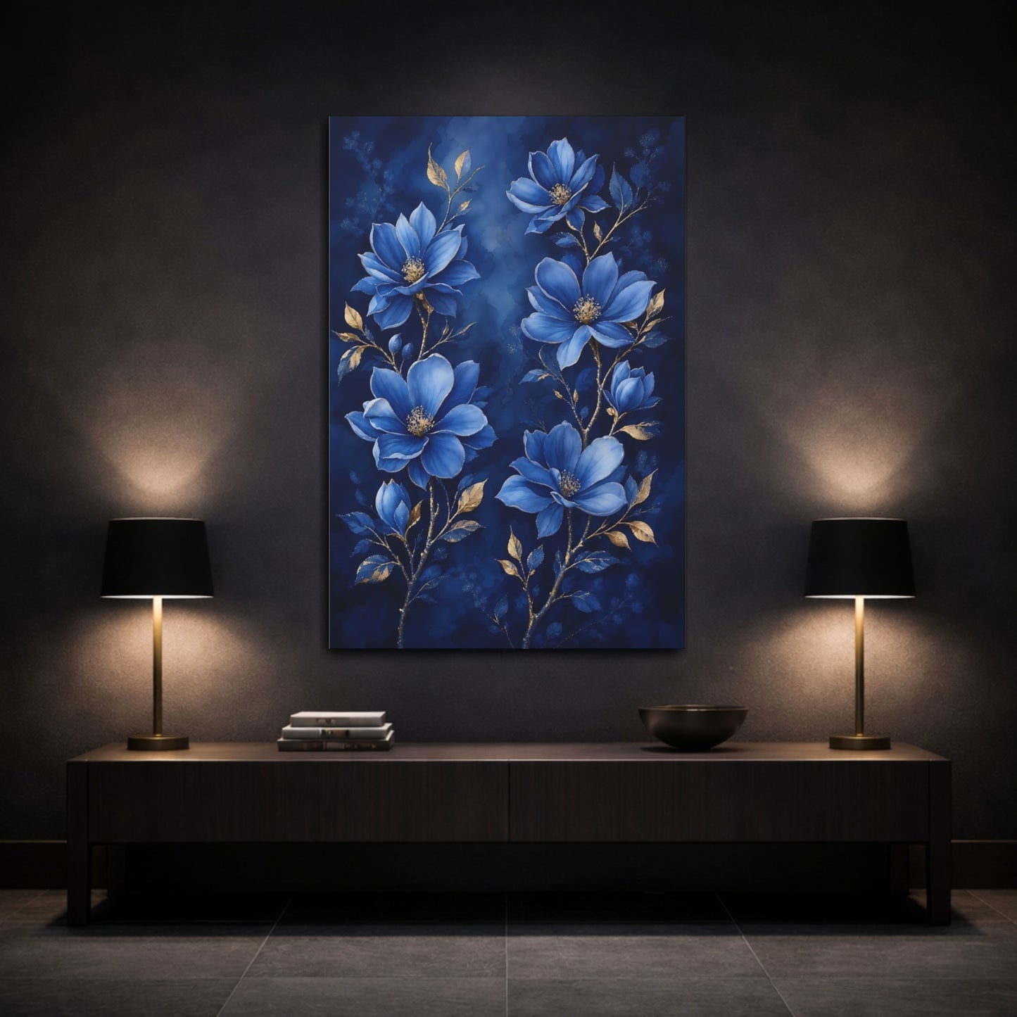 Mockup 3. Floral Blue Flowers Blue And Gold shown as canvas print