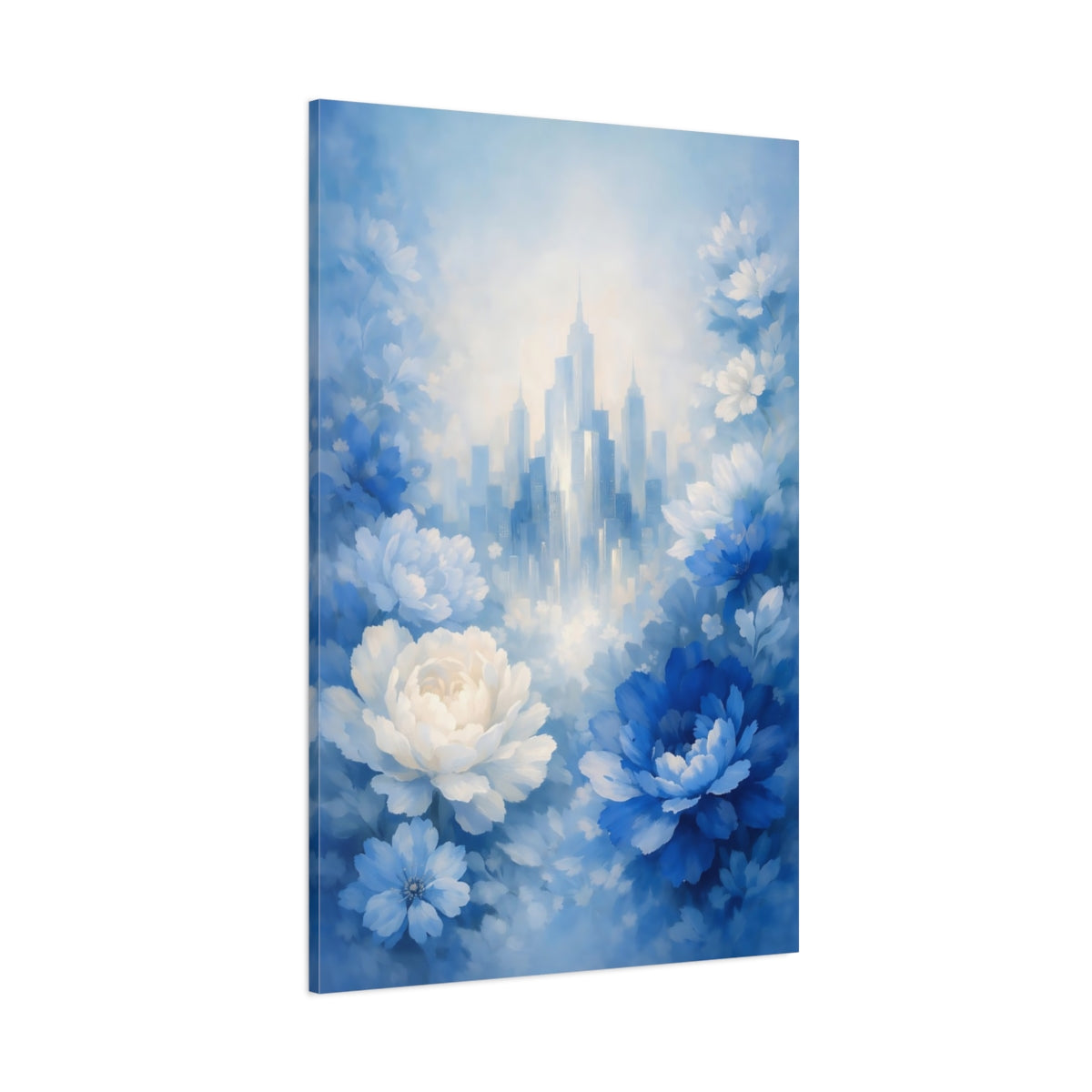 Main Mockup. Floral Blue Flowers Blue And White Floral City shown as stretched canvas wall art