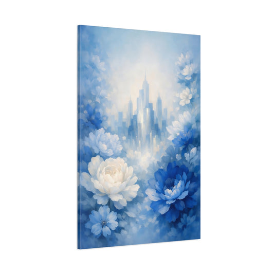 Main Mockup. Floral Blue Flowers Blue And White Floral City shown as stretched canvas wall art