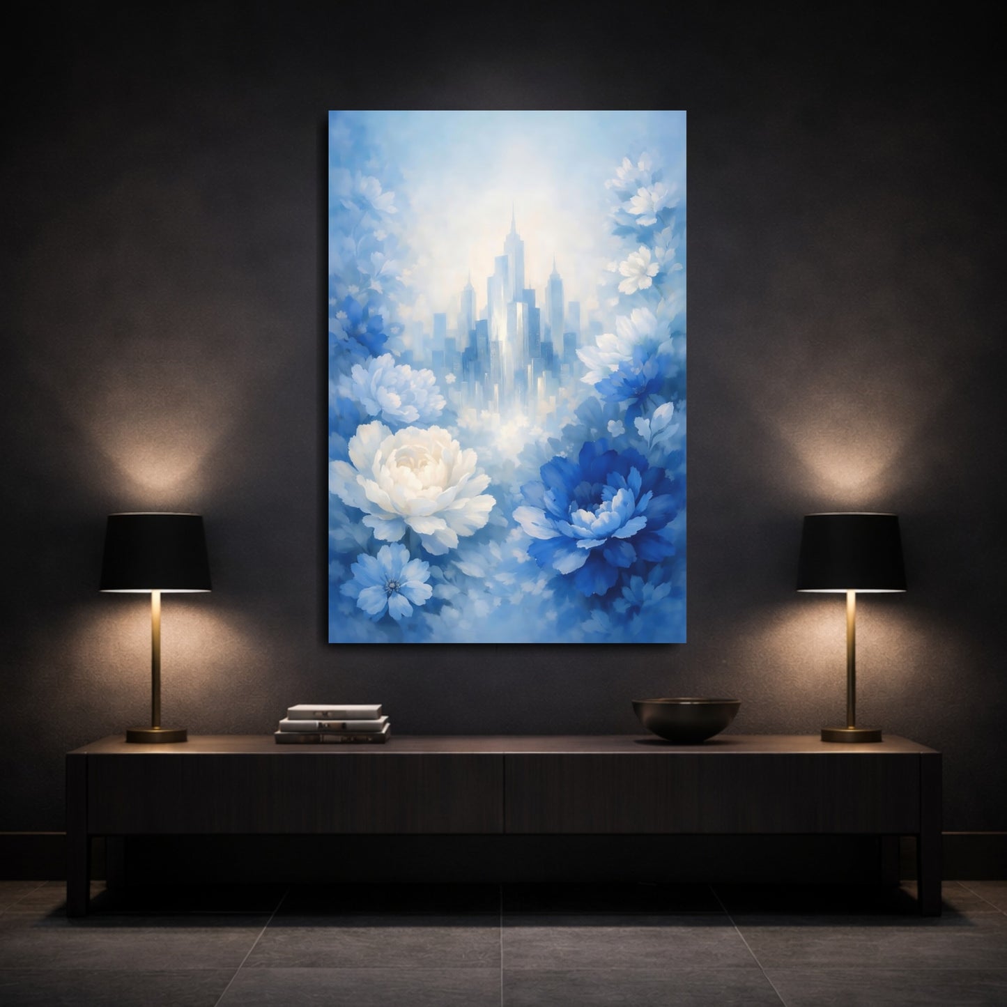 Mockup 2. Floral Blue Flowers Blue And White Floral City shown as stretched canvas wall art