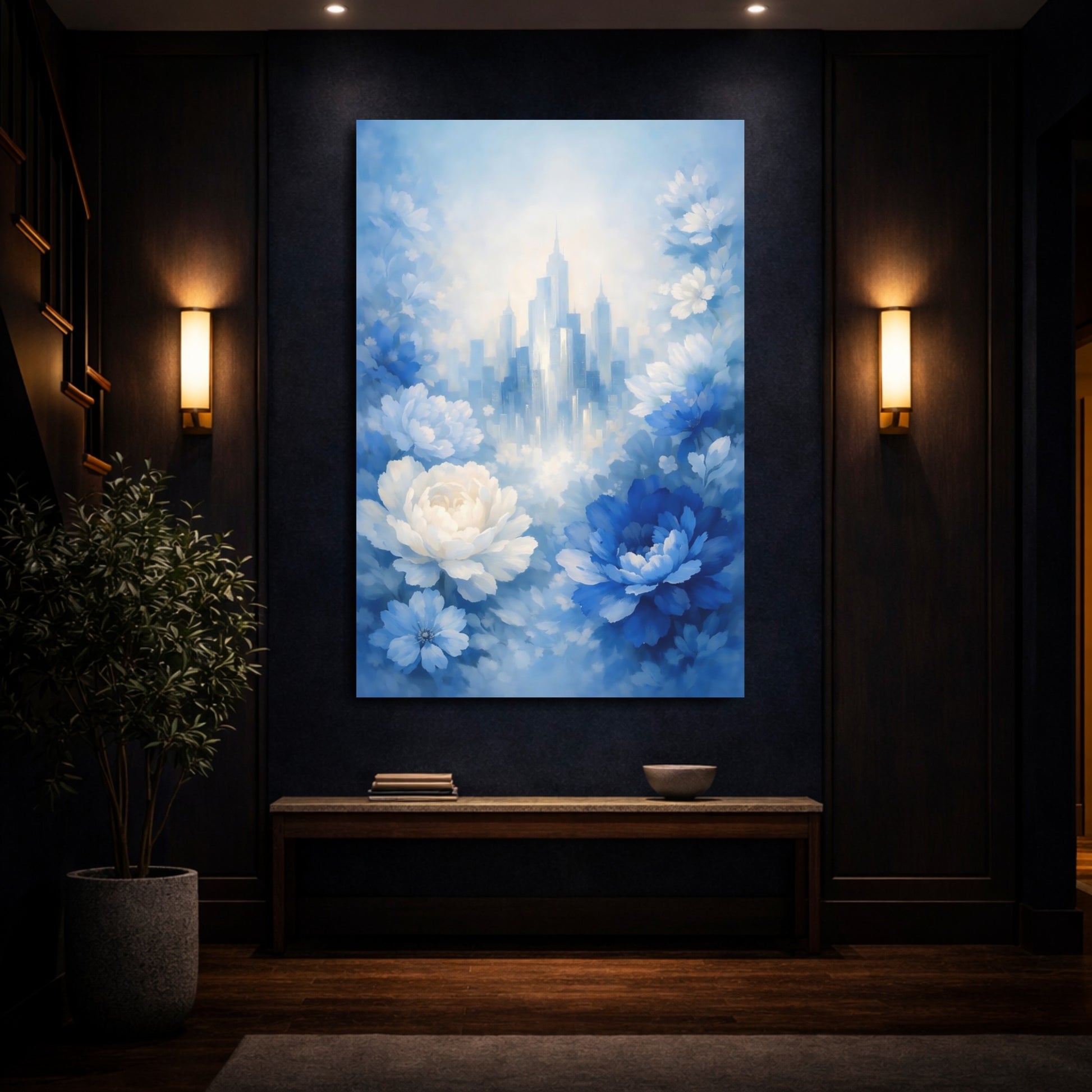 Mockup 3. Floral Blue Flowers Blue And White Floral City shown as stretched canvas wall art