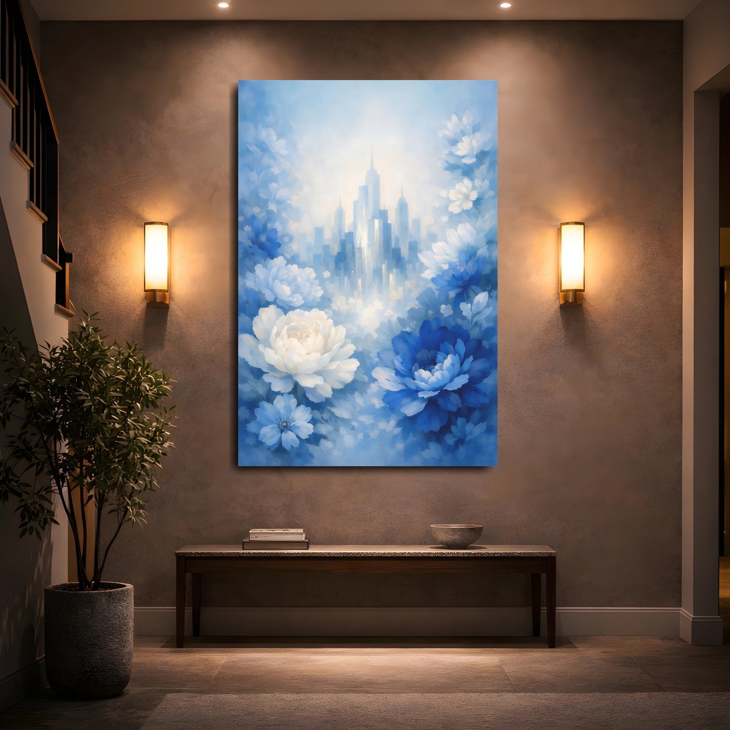 Mockup 4. Floral Blue Flowers Blue And White Floral City shown as stretched canvas wall art
