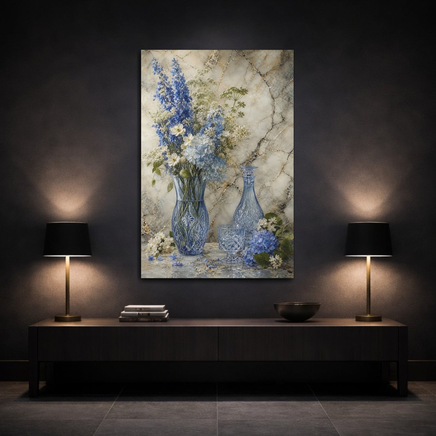 Floral Blue Flowers Still Life Canvas Wall Art Print – Living Room Decor, Large - YesArtYes