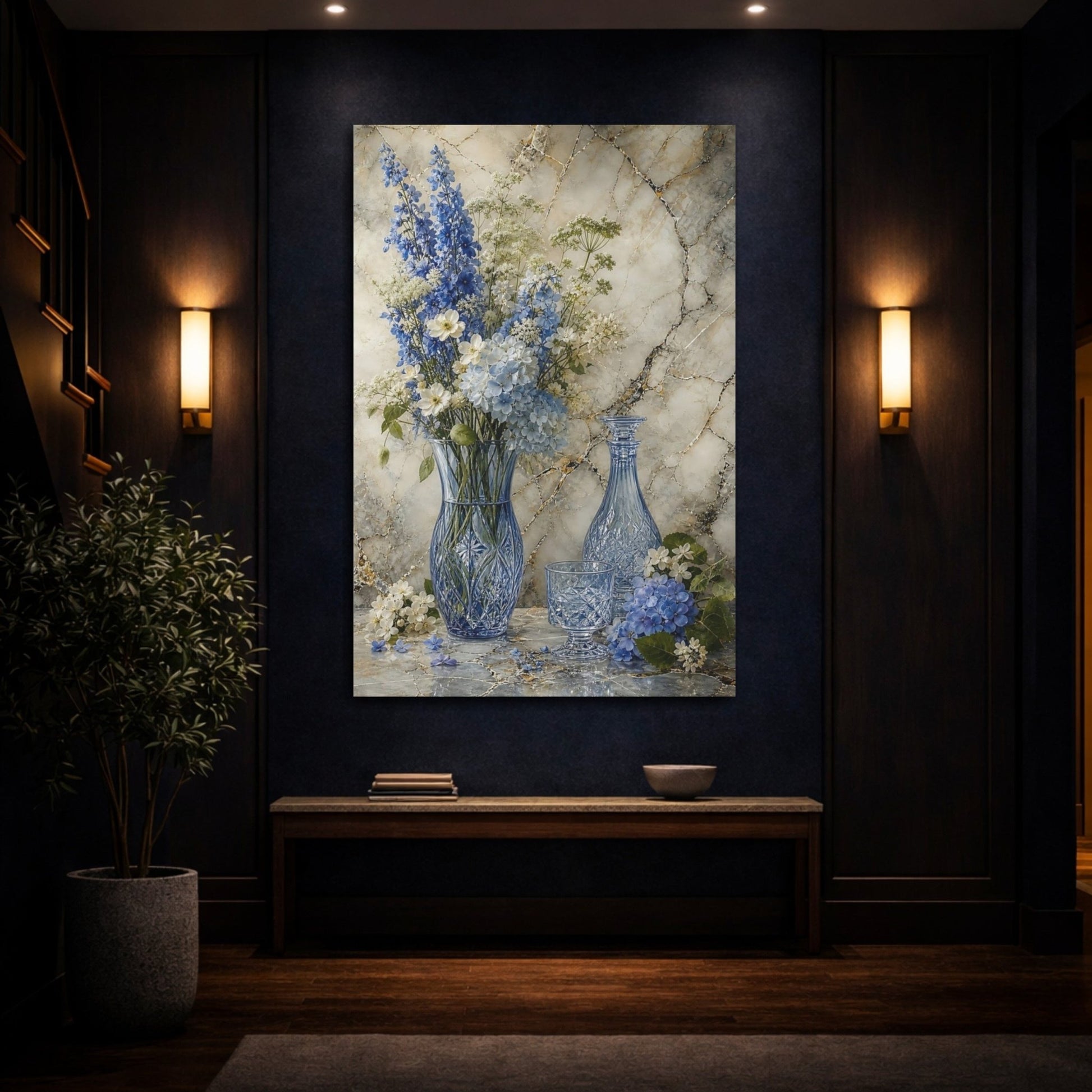 Floral Blue Flowers Still Life Canvas Wall Art Print – Living Room Decor, Large - YesArtYes