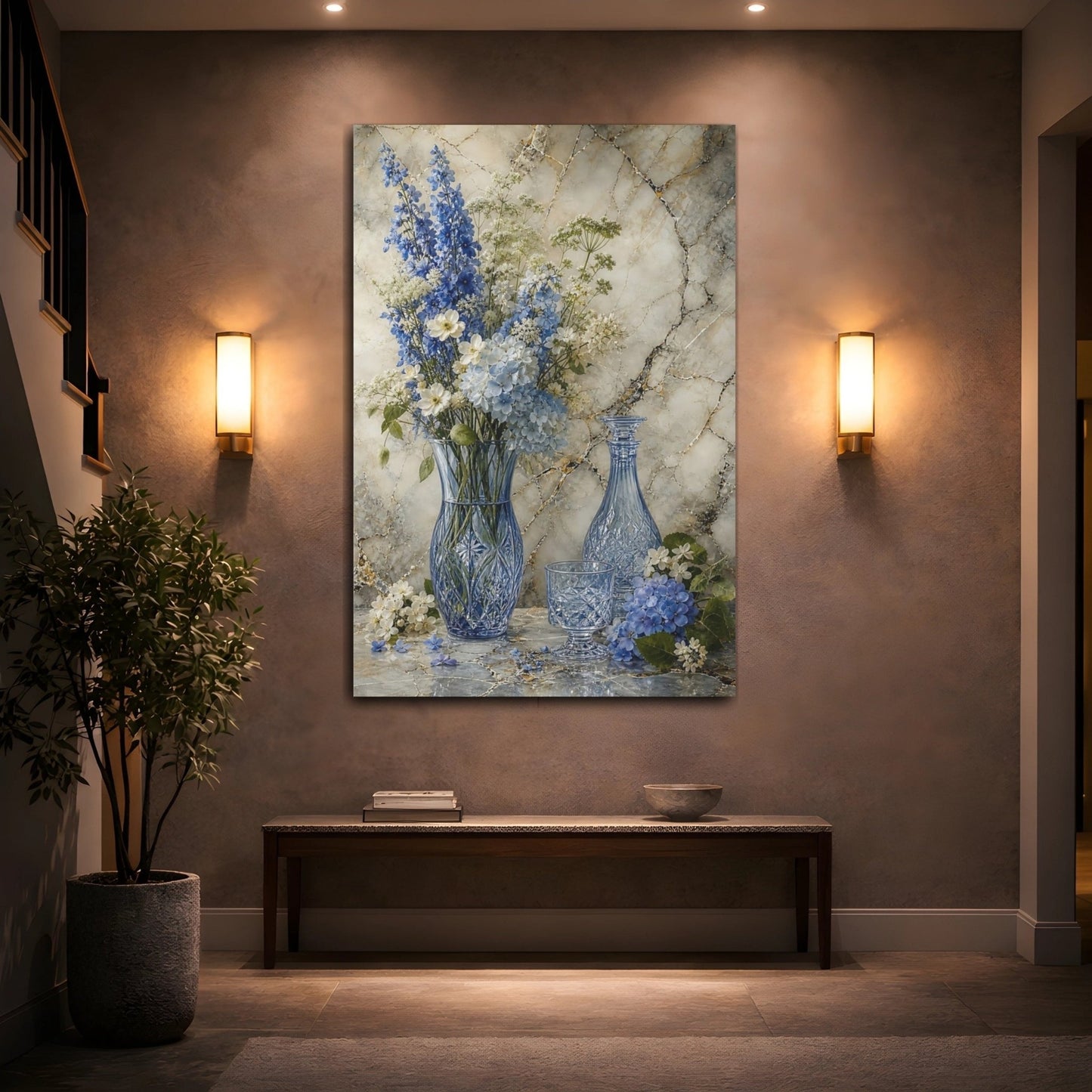 Floral Blue Flowers Still Life Canvas Wall Art Print – Living Room Decor, Large - YesArtYes